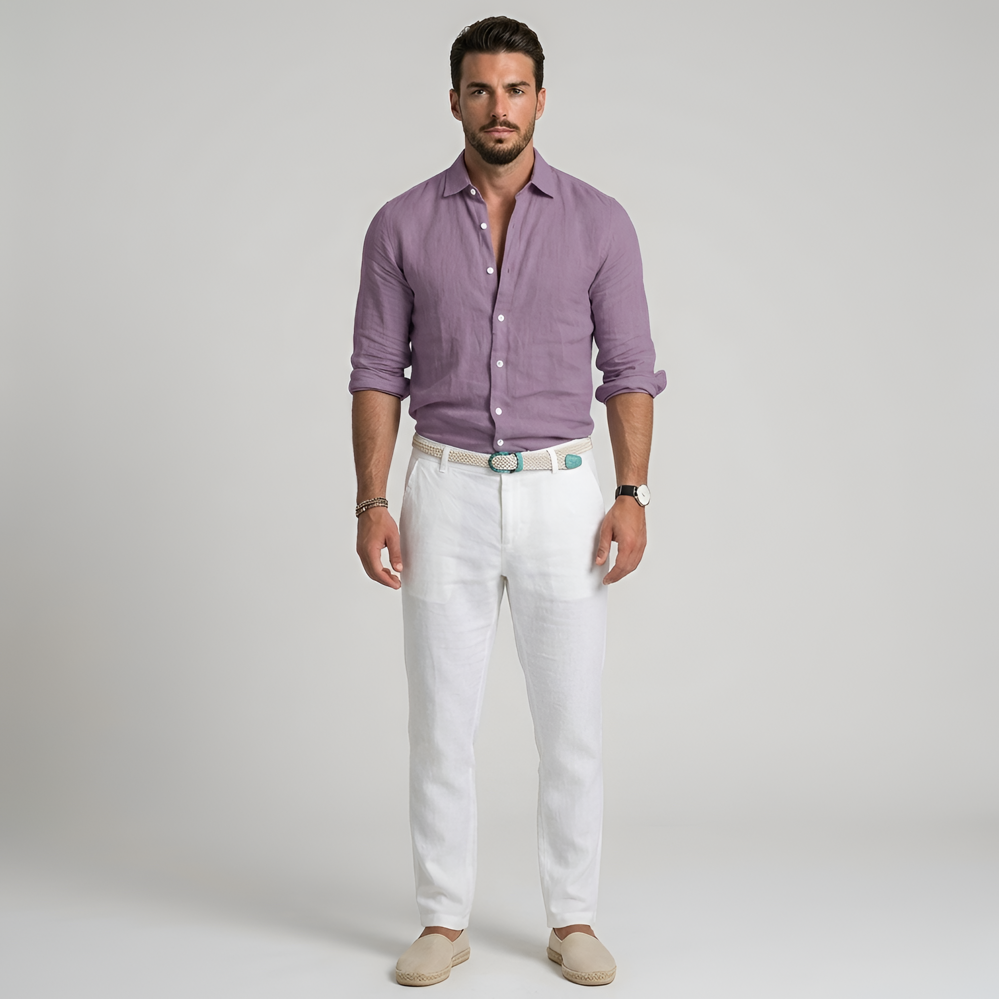 Camicia da uomo a maniche lunghe in lino con colletto e chiusura a bottoni