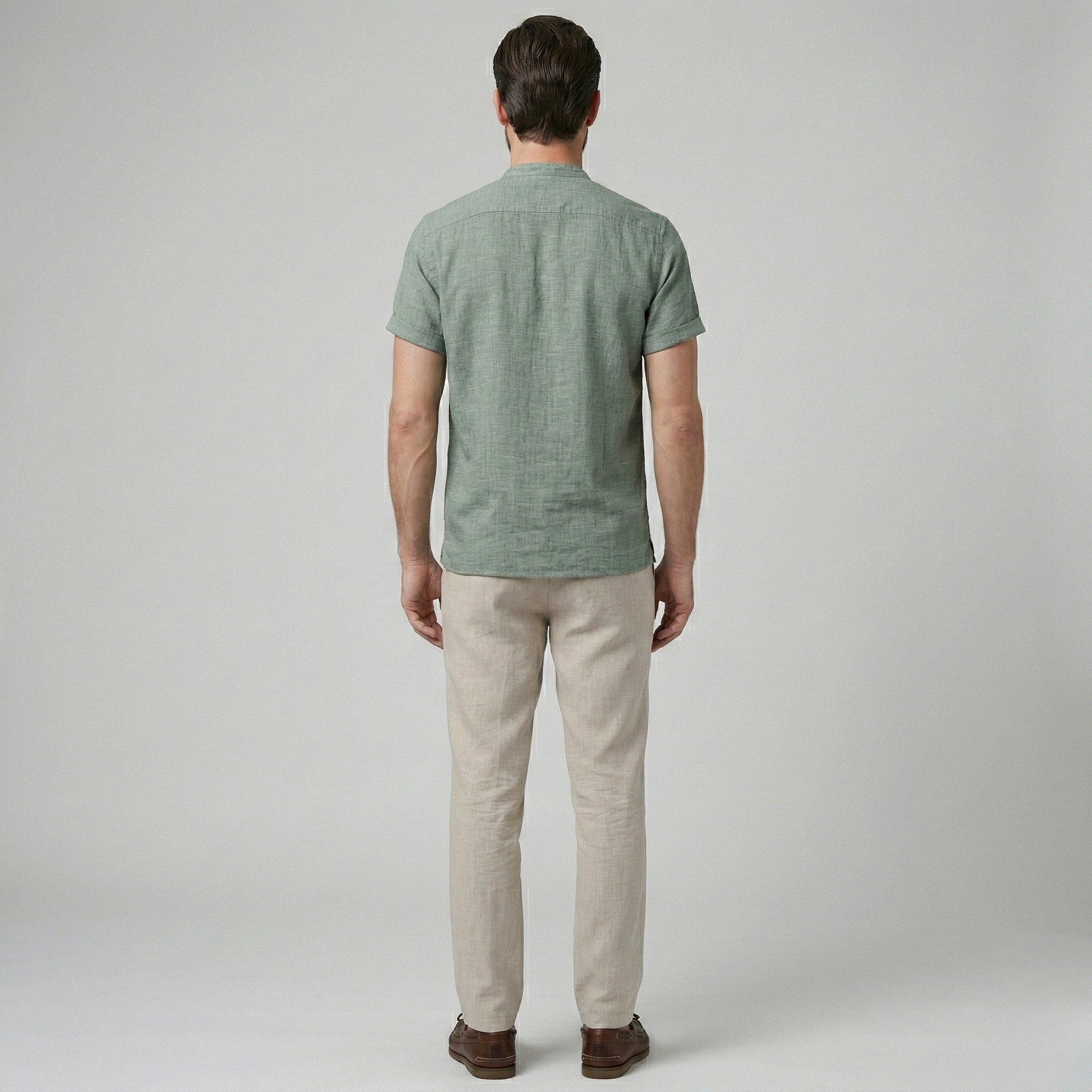 Koszula męska z krótkim rękawem z bawełny i lnu z zapięciem na guziki, krój casual