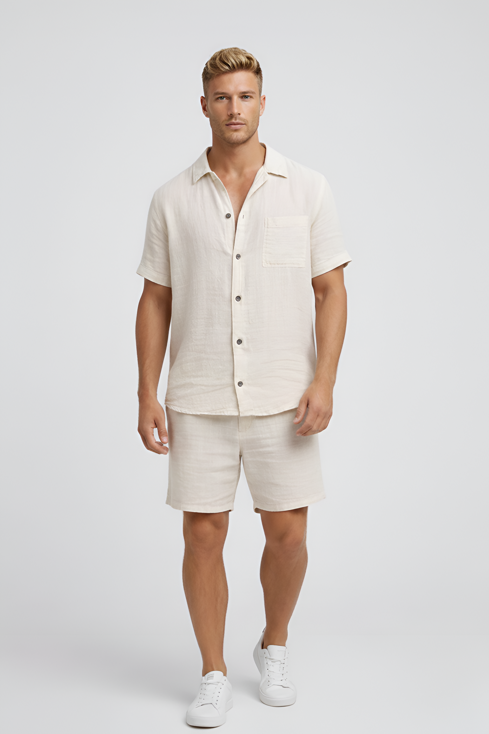 Conjunto de verano para hombre en lino – camisa de manga corta y pantalones cortos en mezcla de lino