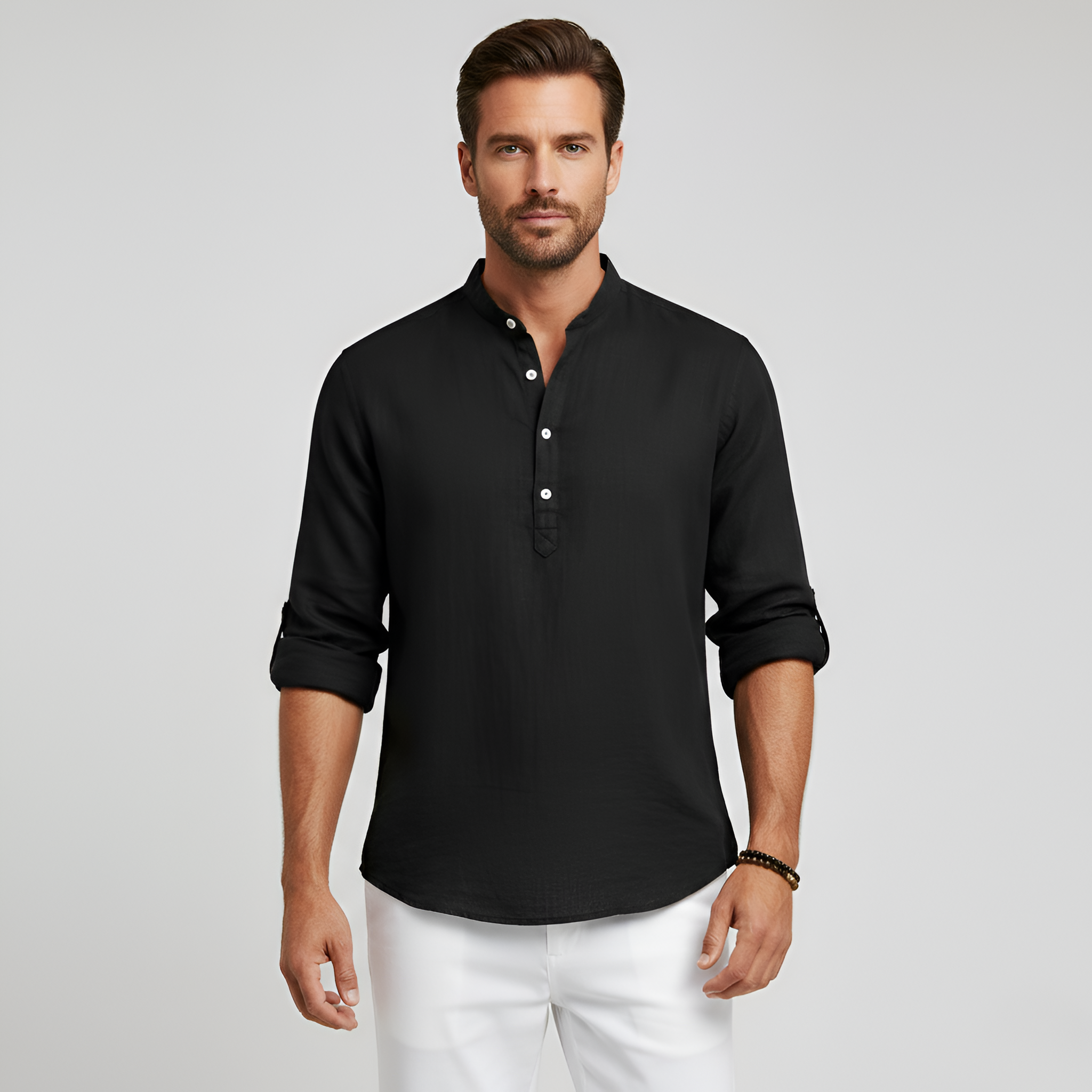 Pánská lněná košile s límečkem na stojáka – dlouhý rukáv letní košile z lněné směsi