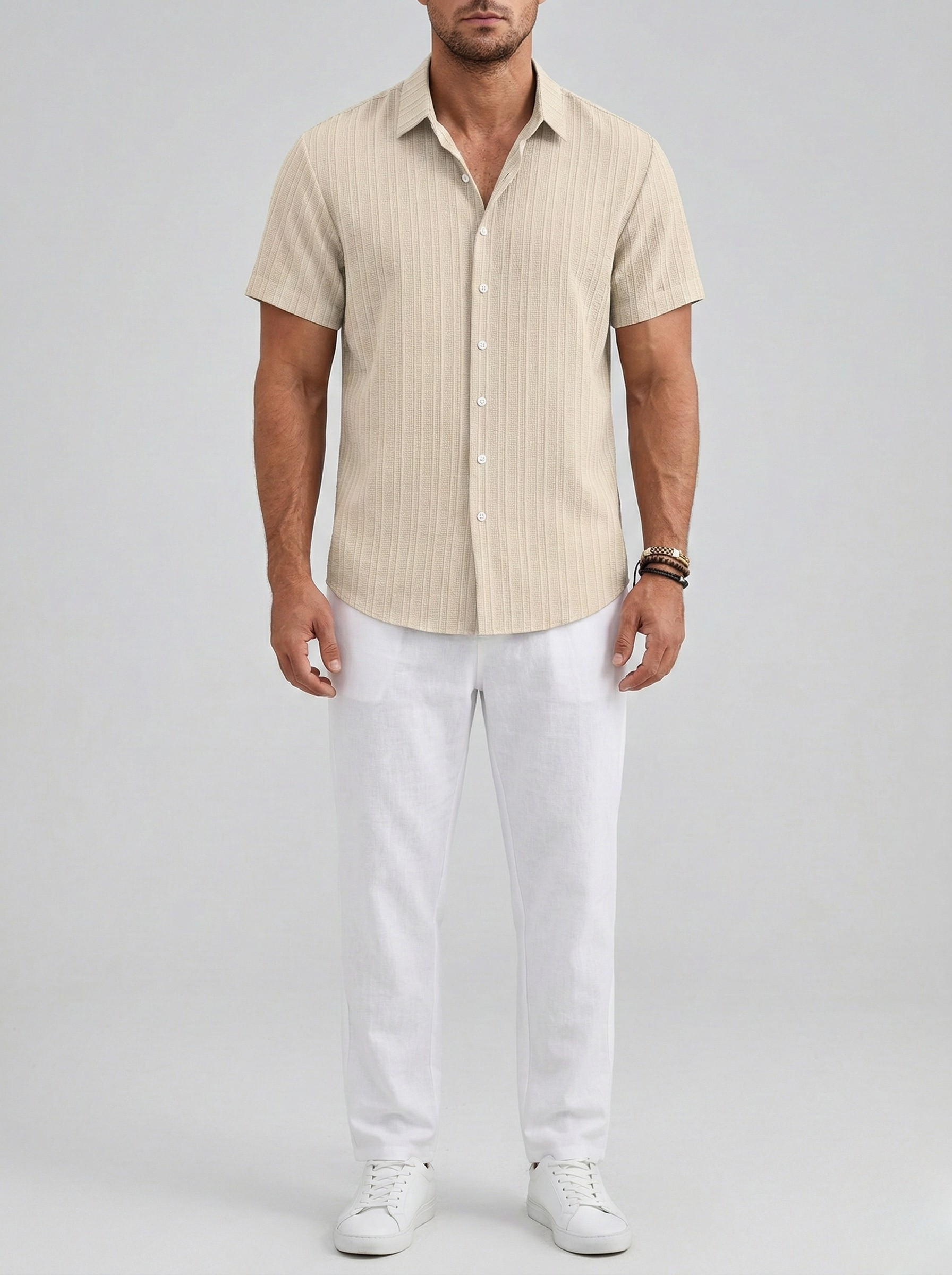 Herre kortærmet skjorte i hørblanding – Sommer skjorte med knapper