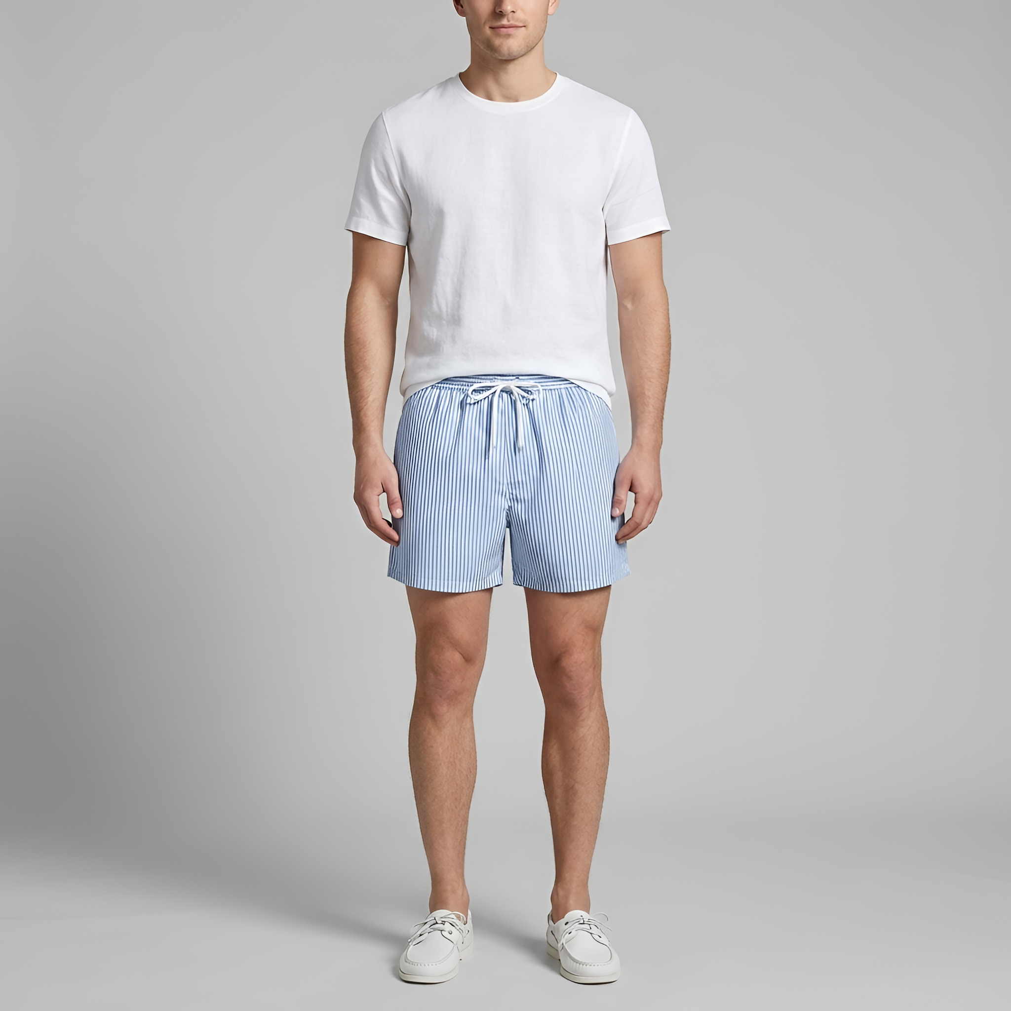 Herre badeshorts med striber og elastisk talje med snøre