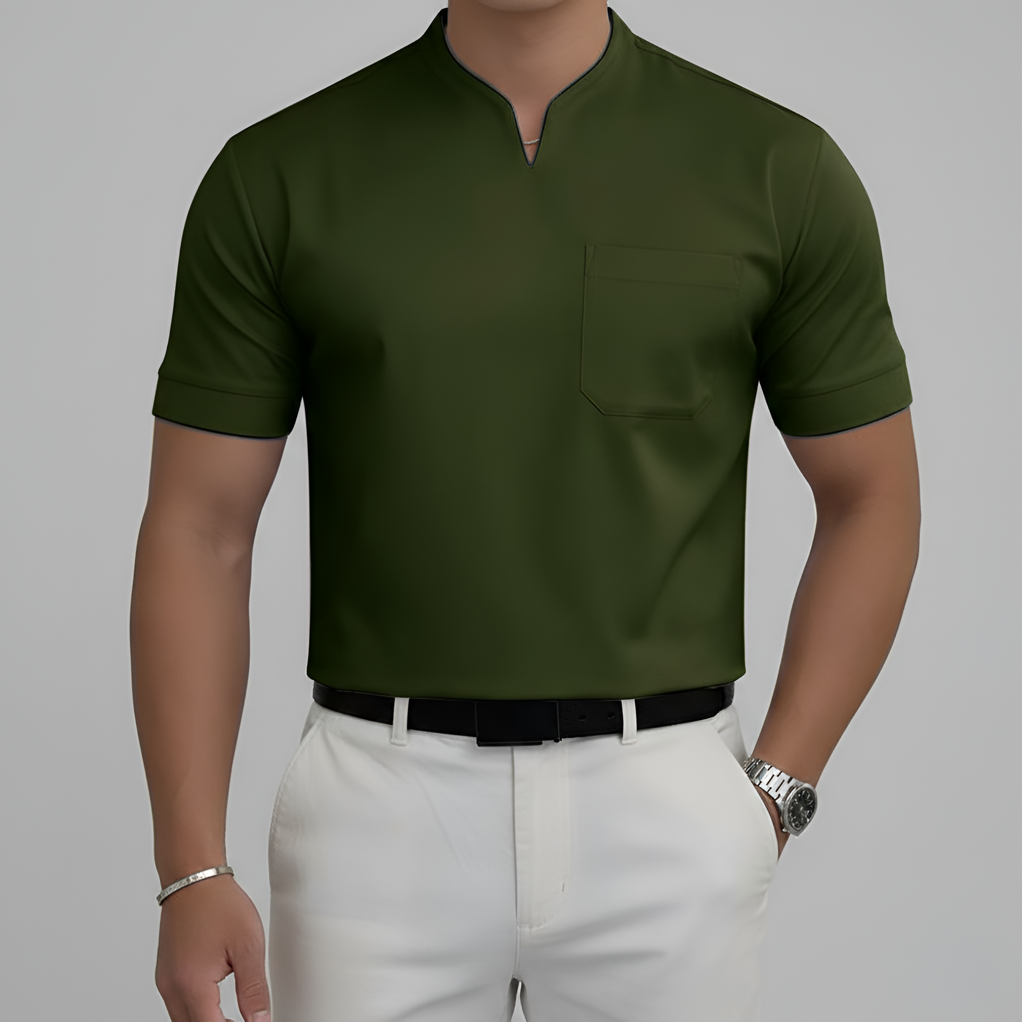 Herre T-shirt i bomuld med V-hals og brystlomme