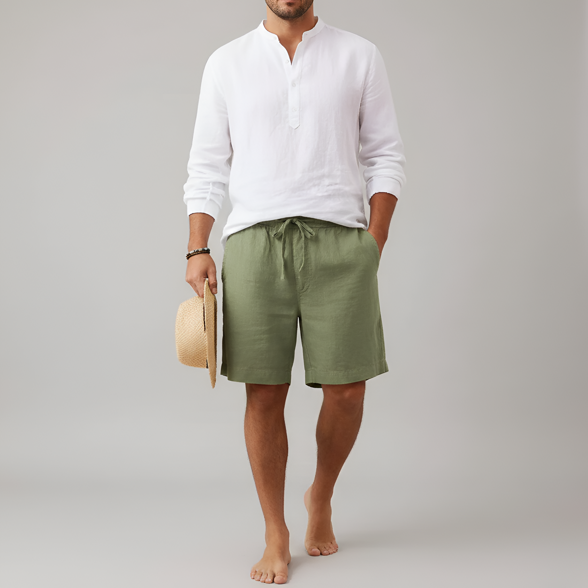 Pantalones cortos de lino para hombre con cintura elástica y cordón para el verano