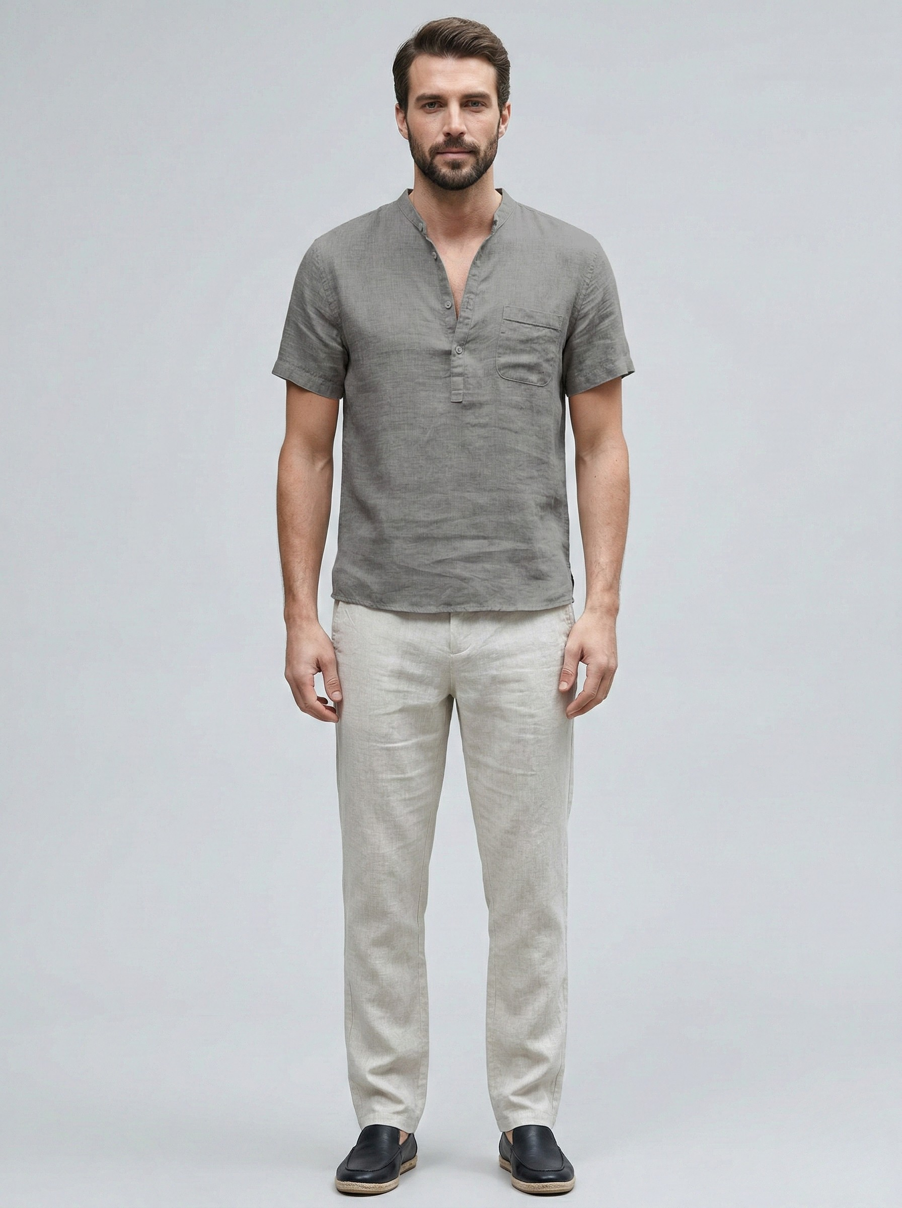 Koszula męska z krótkim rękawem z bawełny i lnu z zapięciem na guziki, krój casual