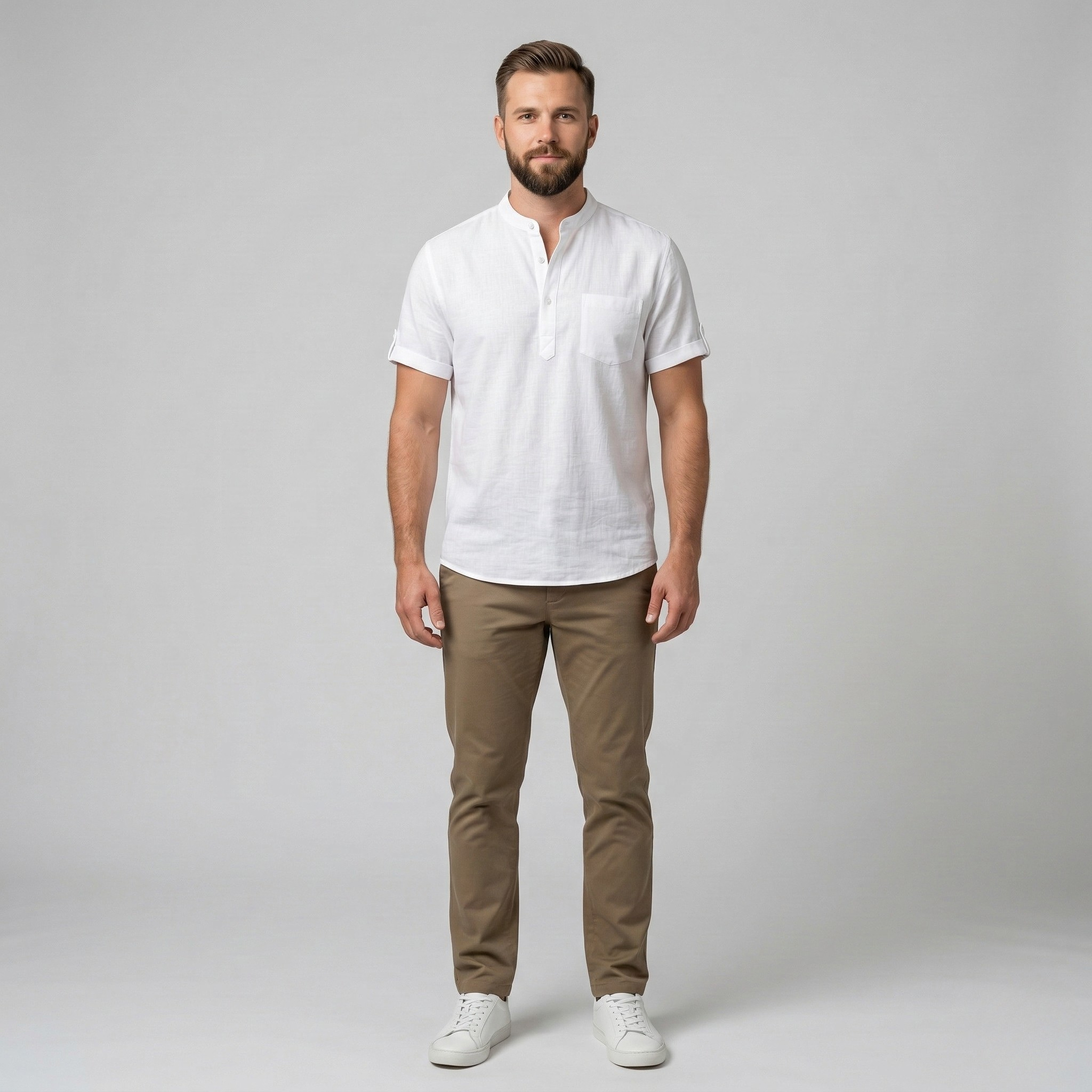 Camicia Henley da Uomo in Cotone e Lino Manica Corta Traspirante Casual con Tasca Top da Spiaggia