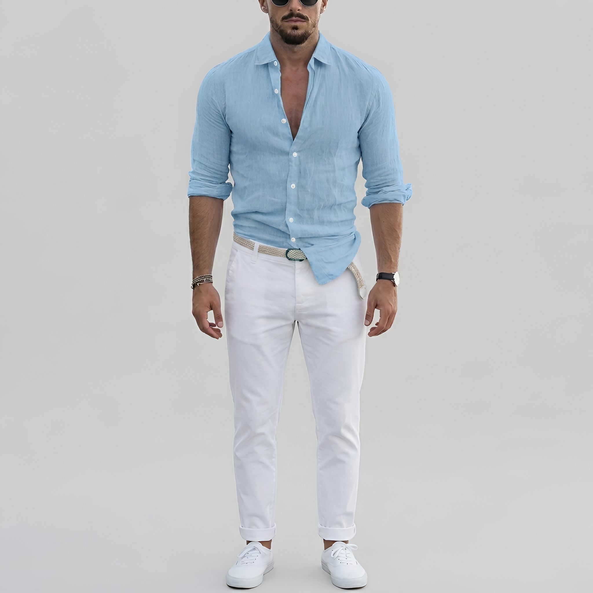 Camicia da uomo a maniche lunghe in lino con colletto e chiusura a bottoni