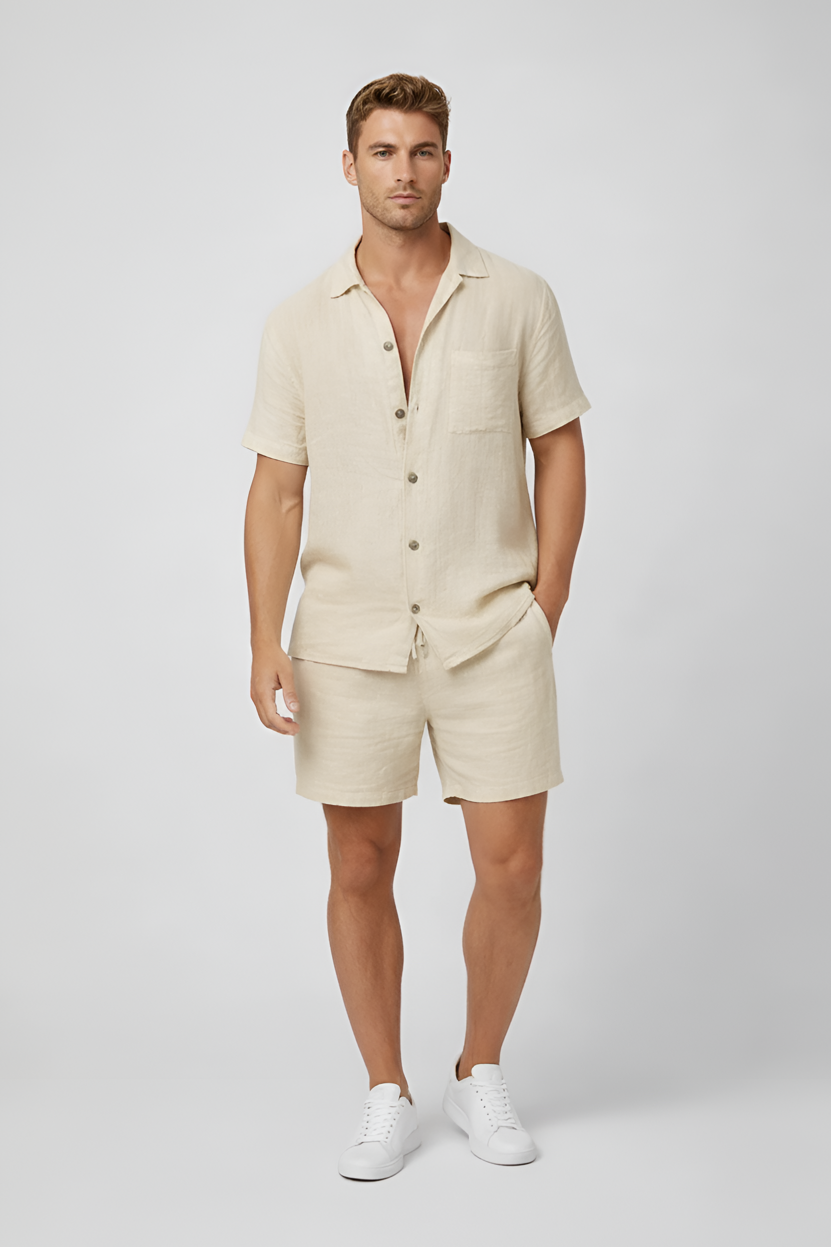 Conjunto de verano para hombre en lino – camisa de manga corta y pantalones cortos en mezcla de lino