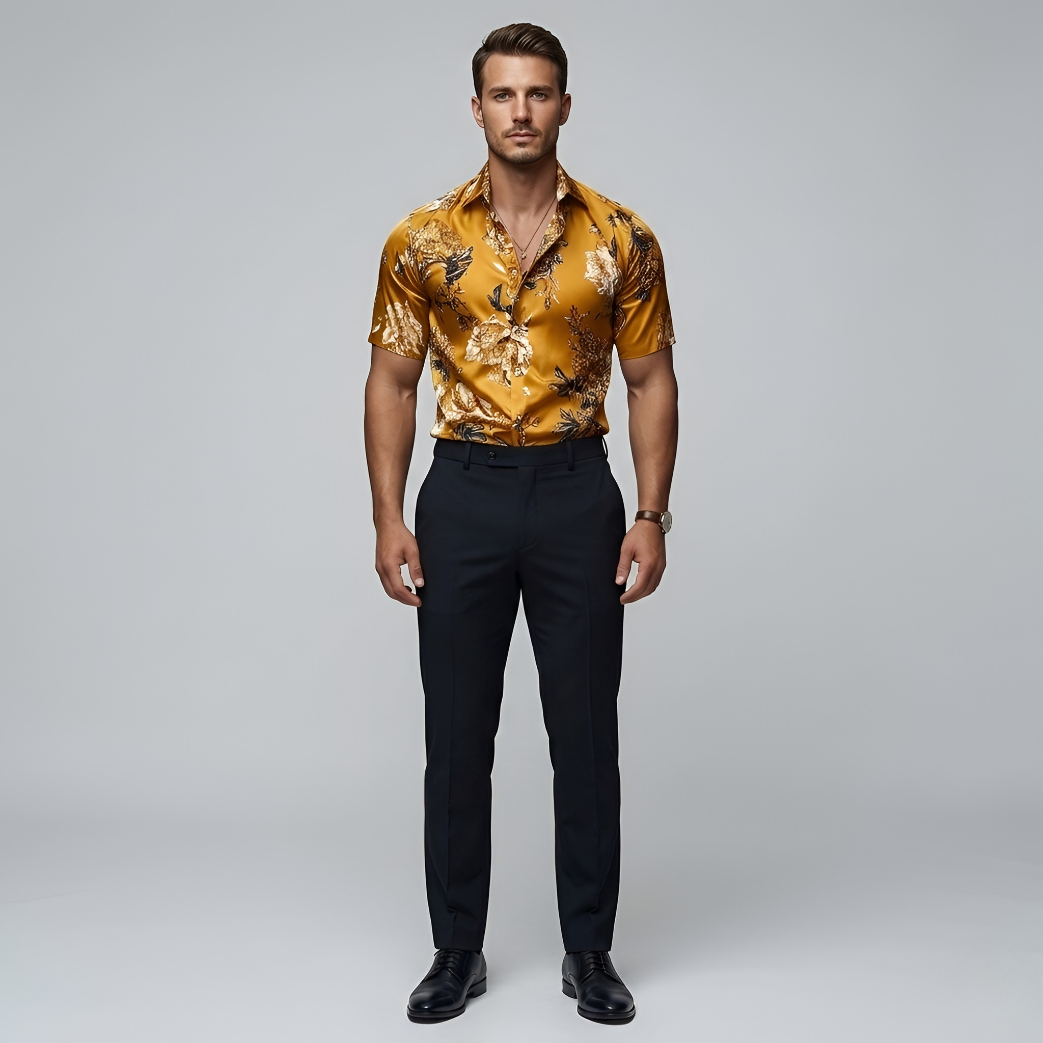 Camisa de hombre de manga corta con estampado floral y cierre de botones, camisa de verano casual