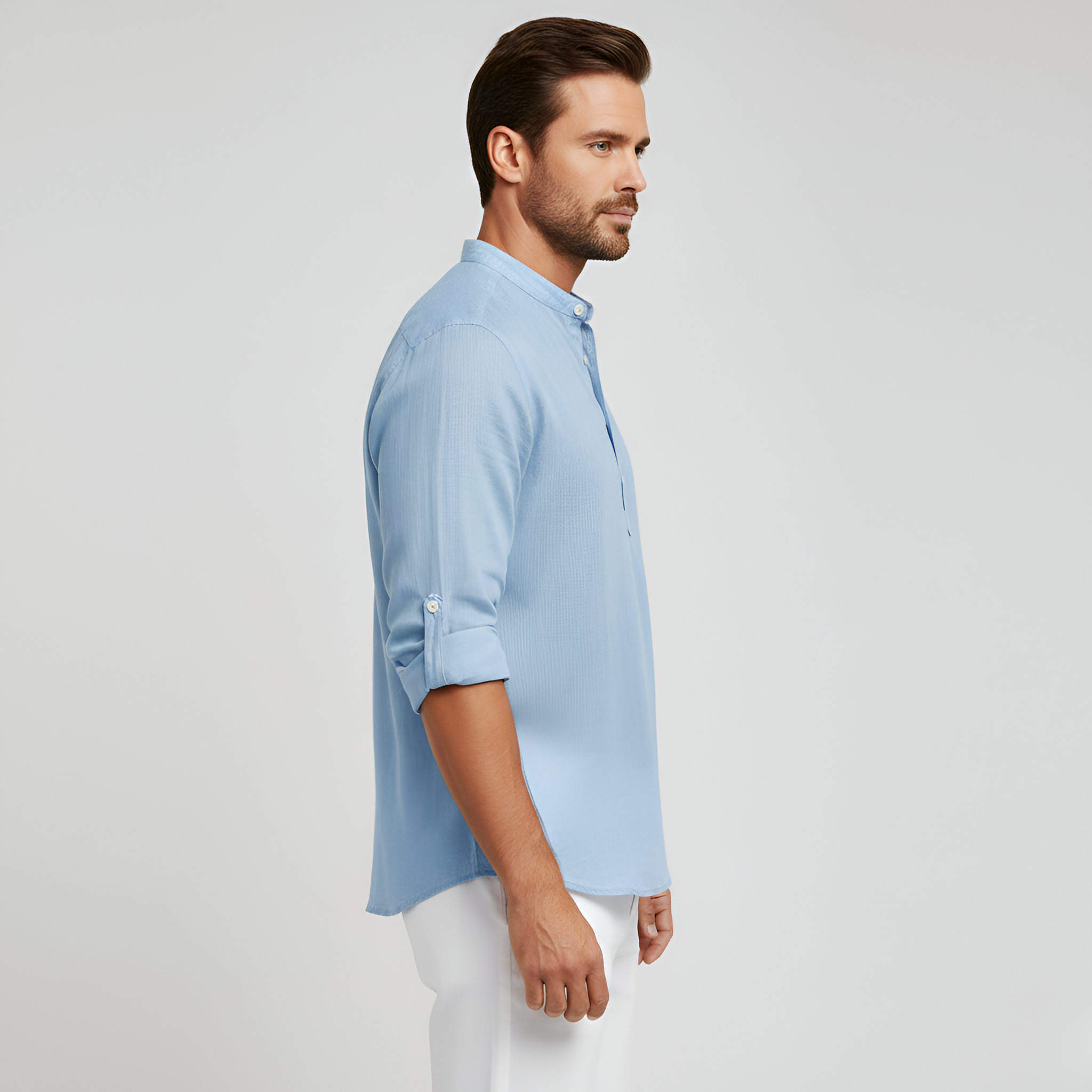 Pánská lněná košile s límečkem na stojáka – dlouhý rukáv letní košile z lněné směsi