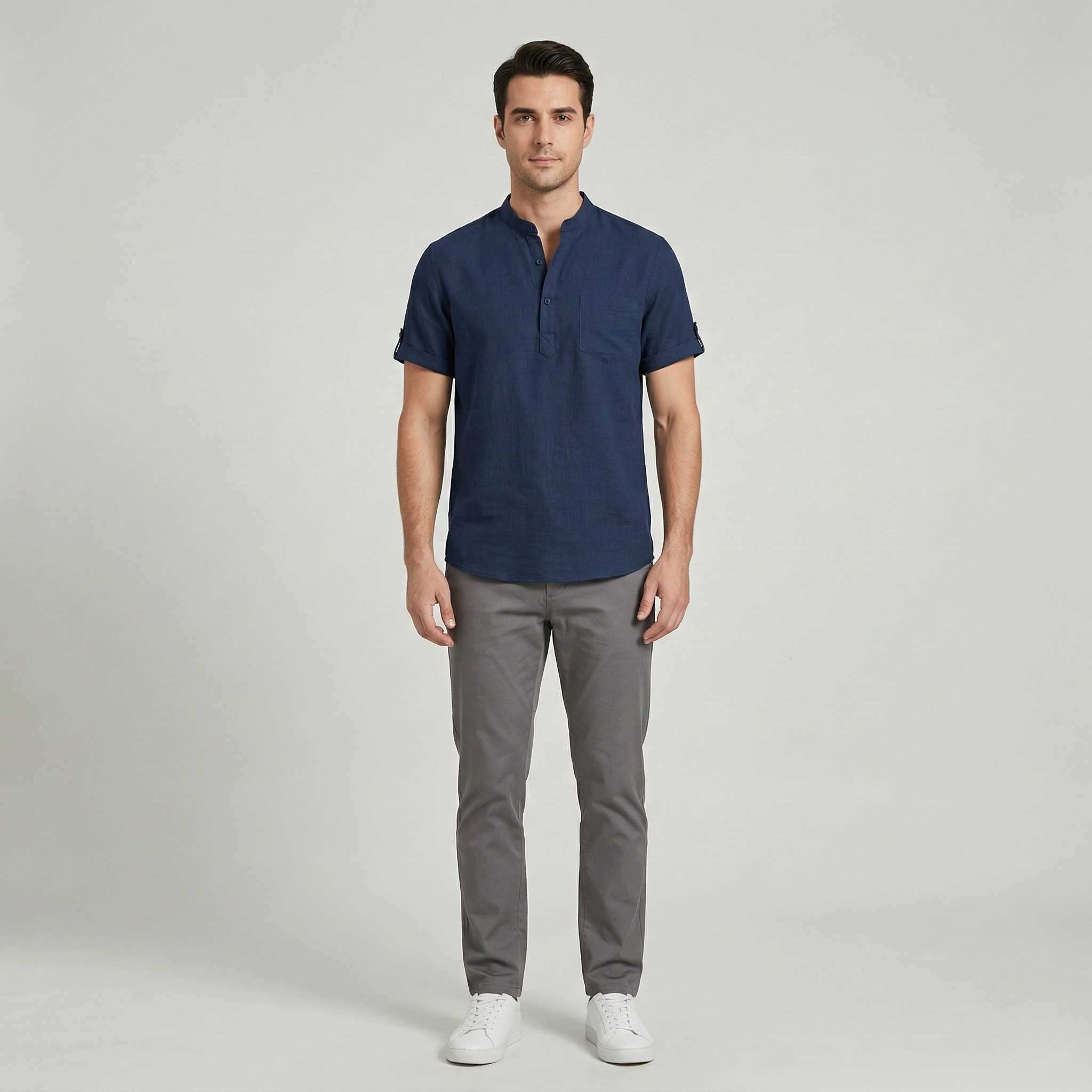 Camicia Henley da Uomo in Cotone e Lino Manica Corta Traspirante Casual con Tasca Top da Spiaggia