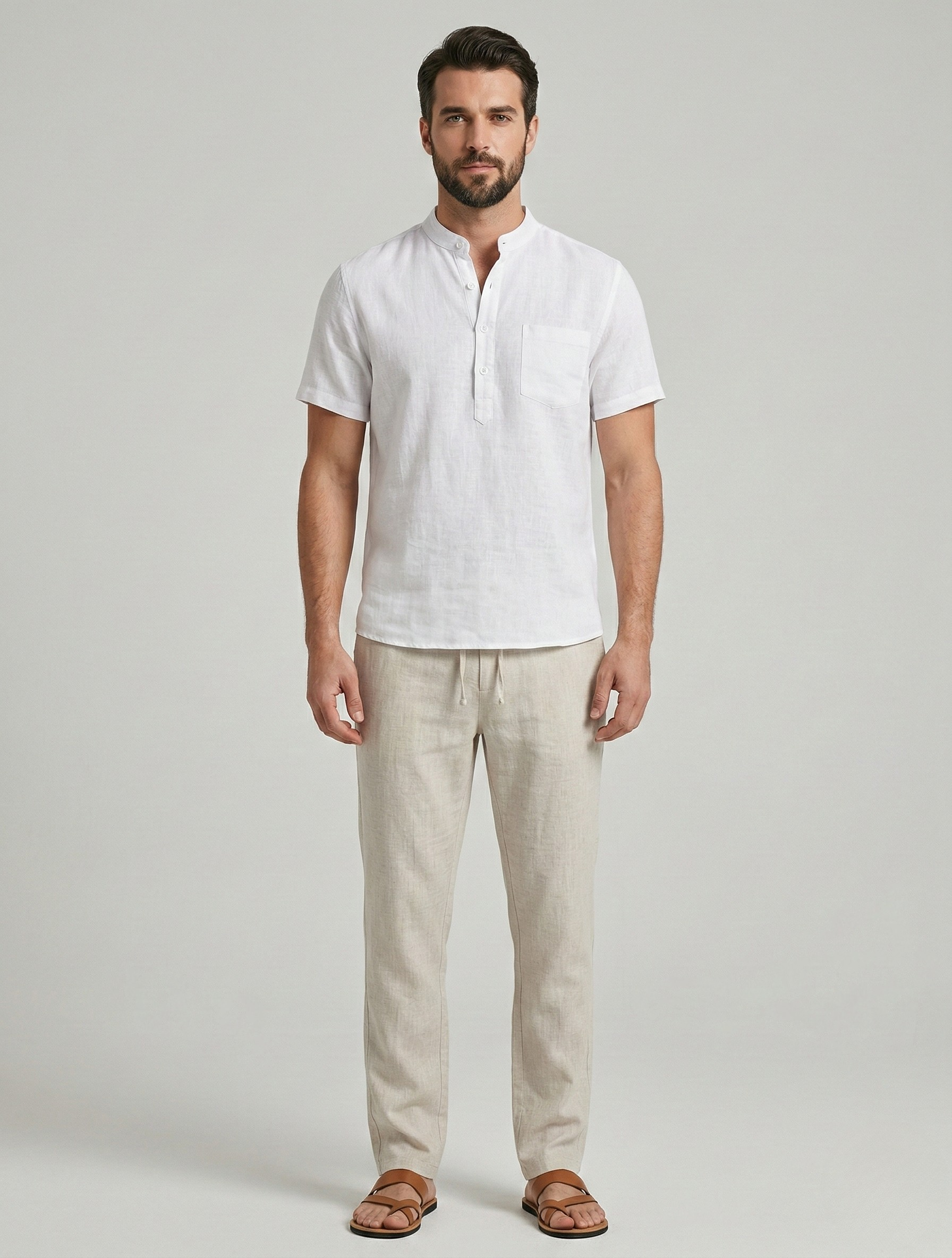 Koszula męska z krótkim rękawem z bawełny i lnu z zapięciem na guziki, krój casual