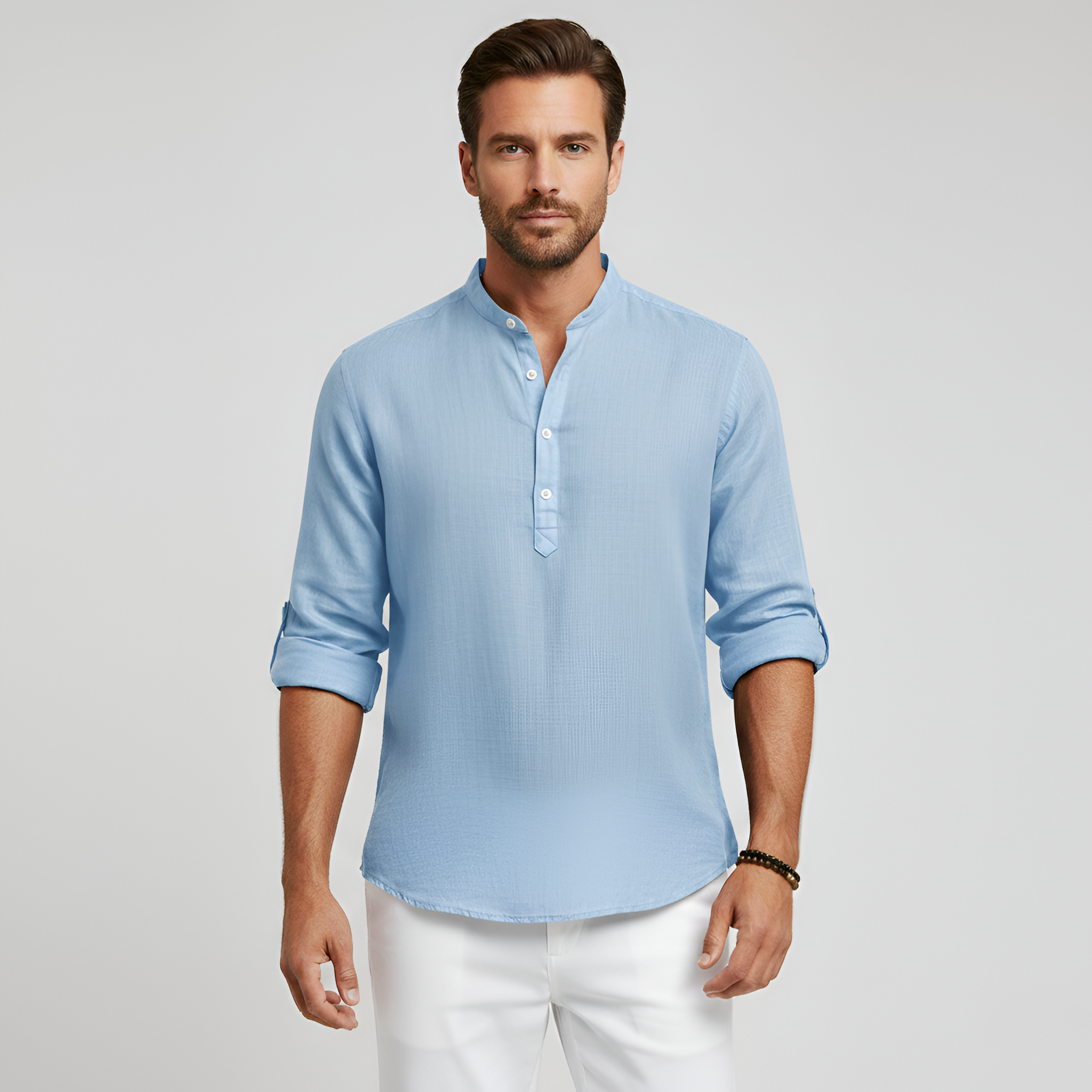 Camisa de linho para homem com gola mandarim – camisa de verão de manga comprida em mistura de linho