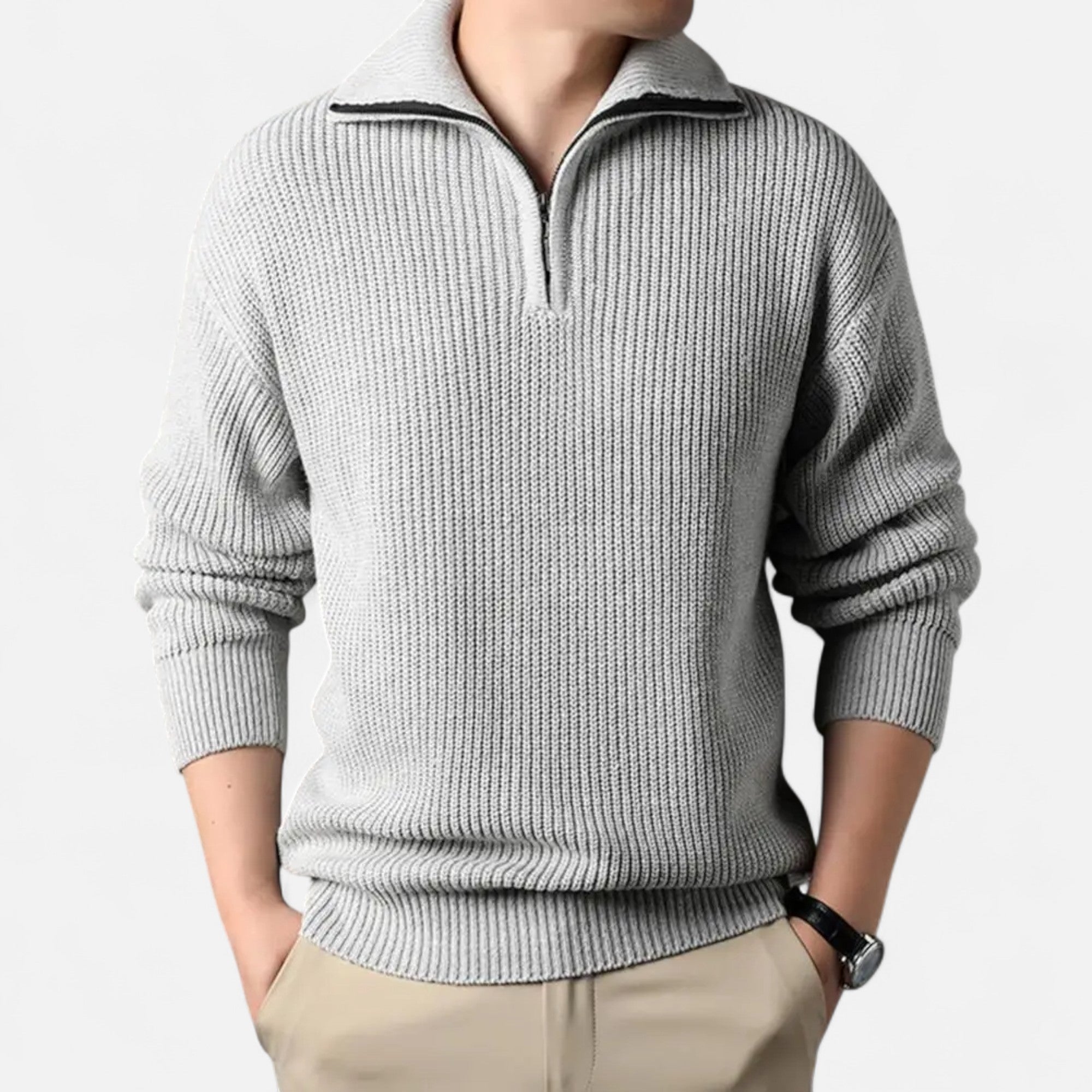 Mænds Ribstrikkede Half-Zip Uldblandingsstrik