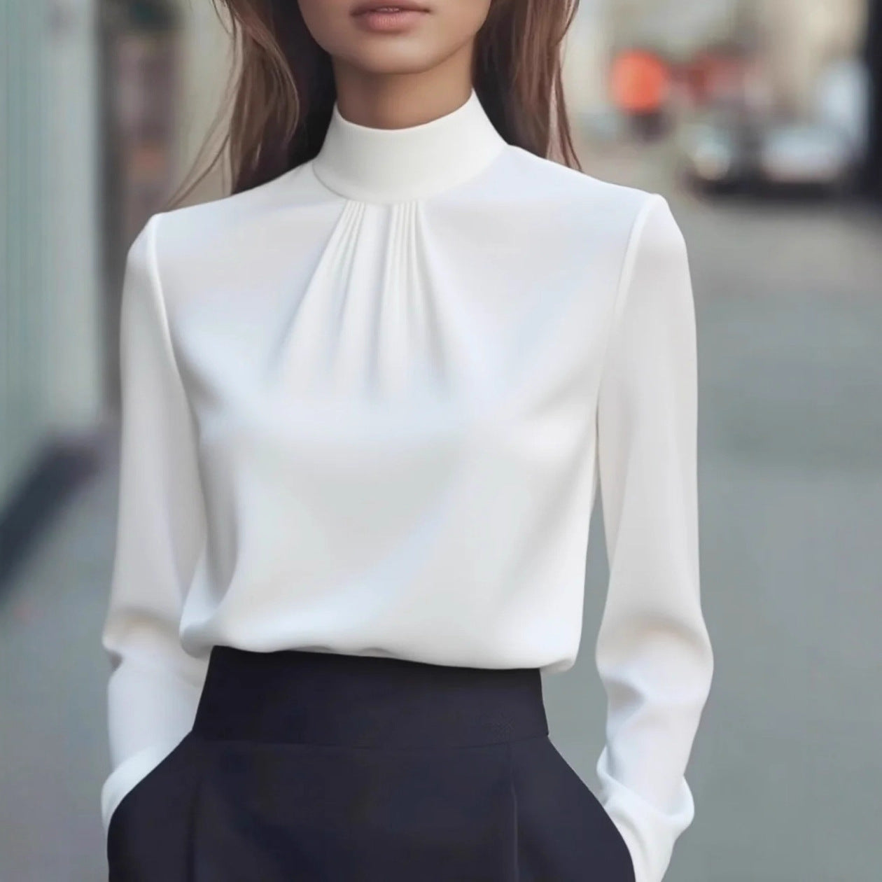 Plisovaná halenka s vysokým límcem pro ženy – elegantní formální pohodlí
