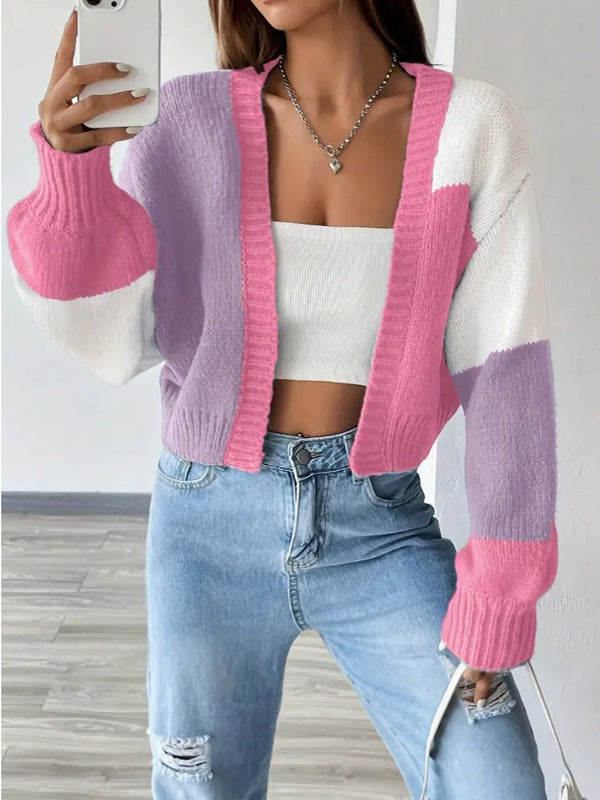 Cropped Colour Block Cardigan til Kvinder