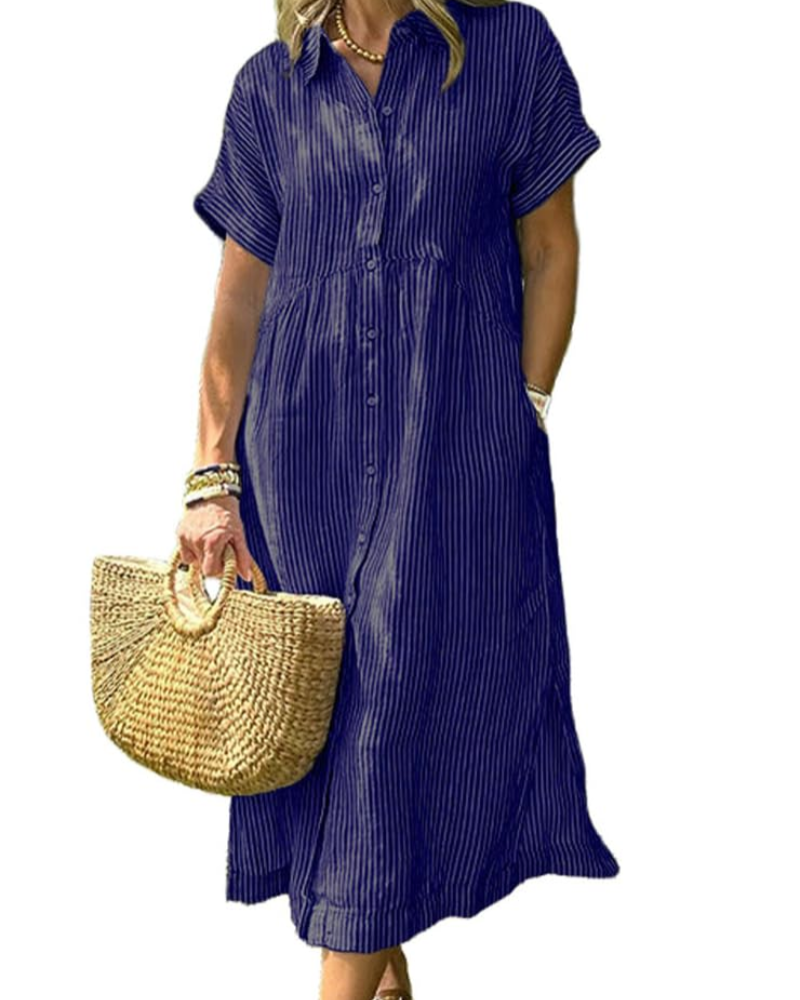 Stribet Midi Skjortekjole med Knaplukning