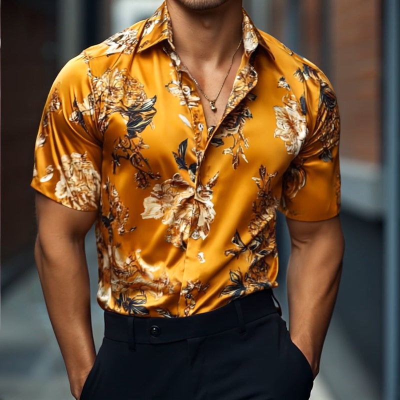 Envío en 24 horas, camisa retro casual para hombre con estampado floral y cuello vuelto de manga corta MTA1484D6TO
