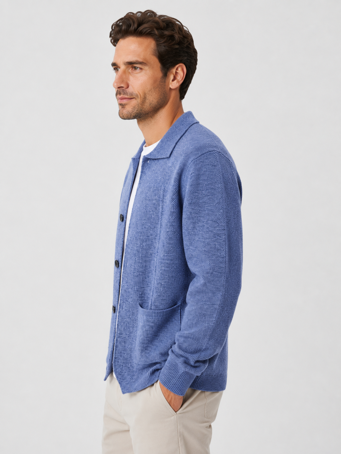Strikket Cardigan til Mænd med Krave og Lommer