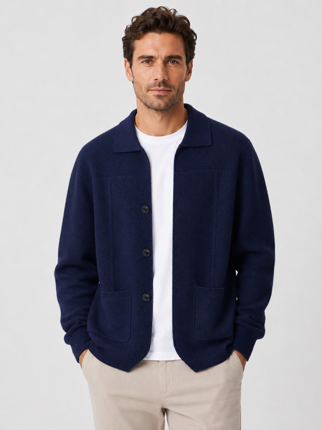 Strikket Cardigan til Mænd med Krave og Lommer