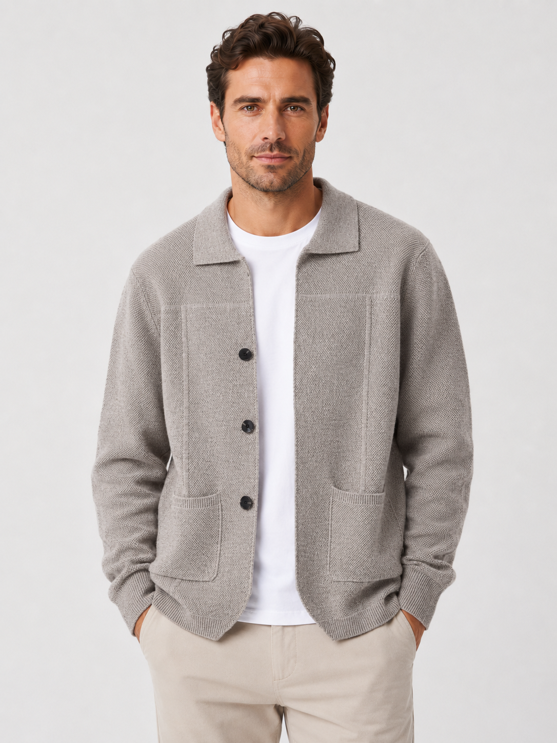 Strikket Cardigan til Mænd med Krave og Lommer