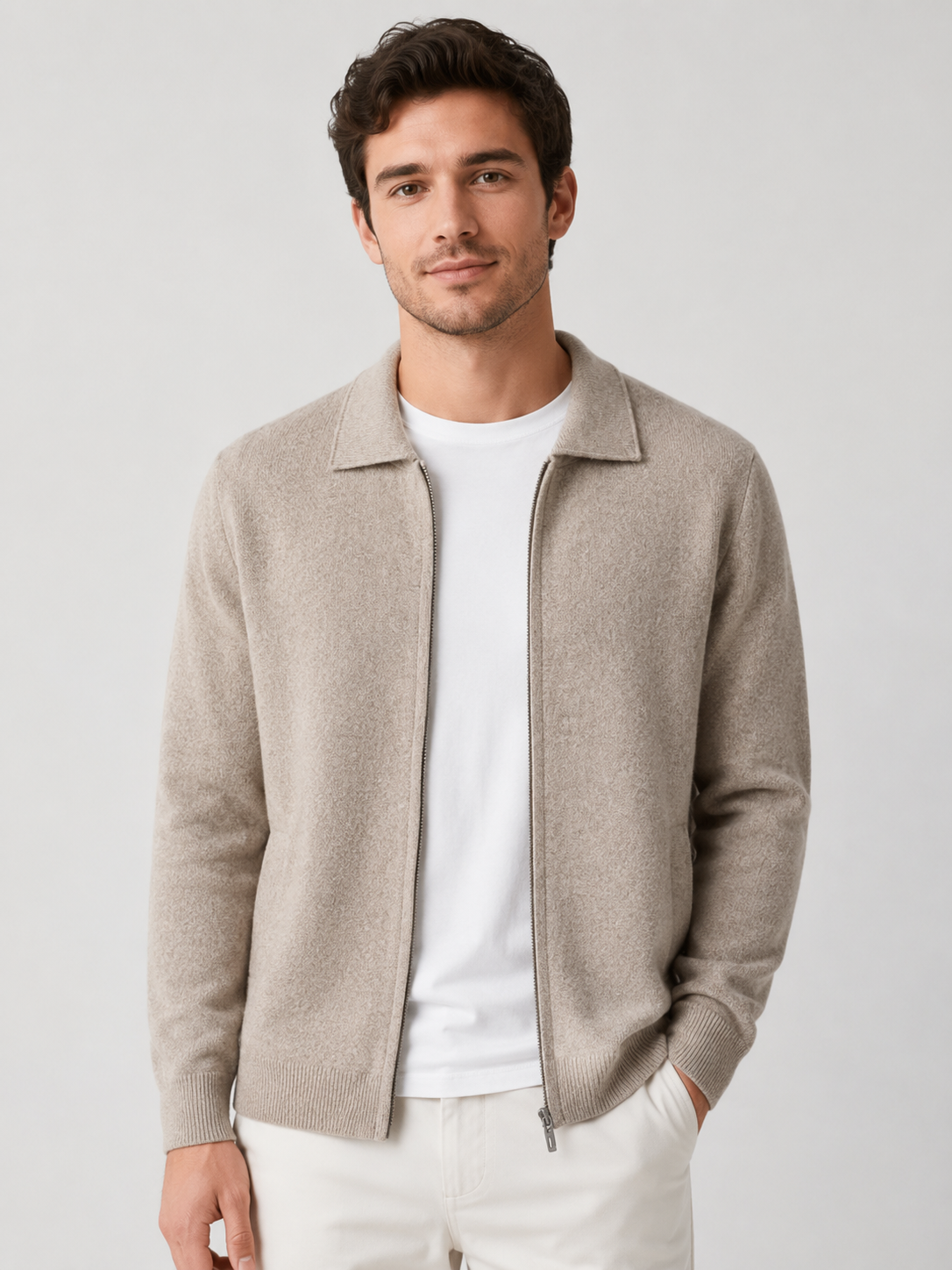 Strikket Cardigan til Mænd med Lynlås og Polokrave