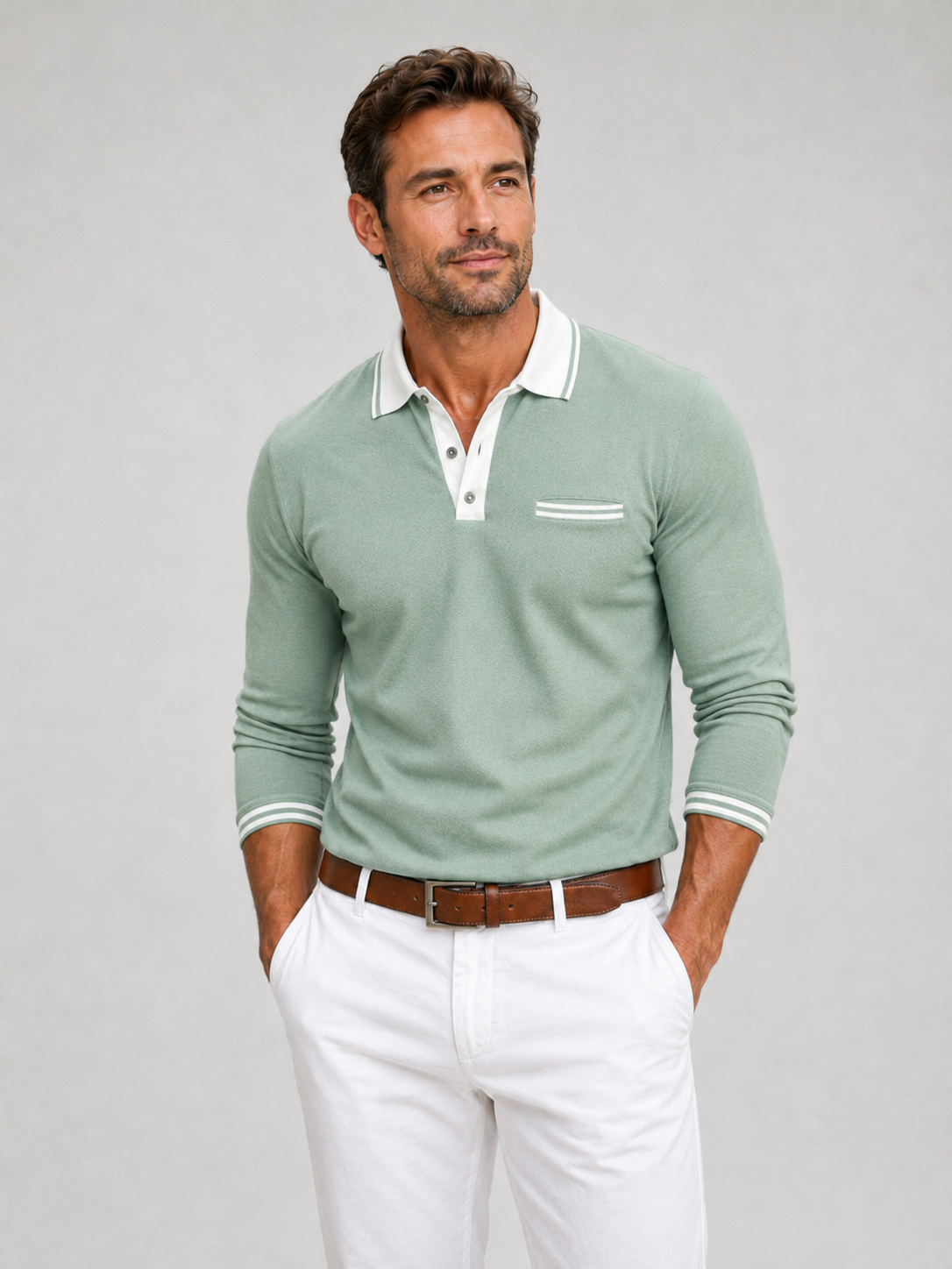 Langærmet Poloshirt til Mænd med Kontrastkrave