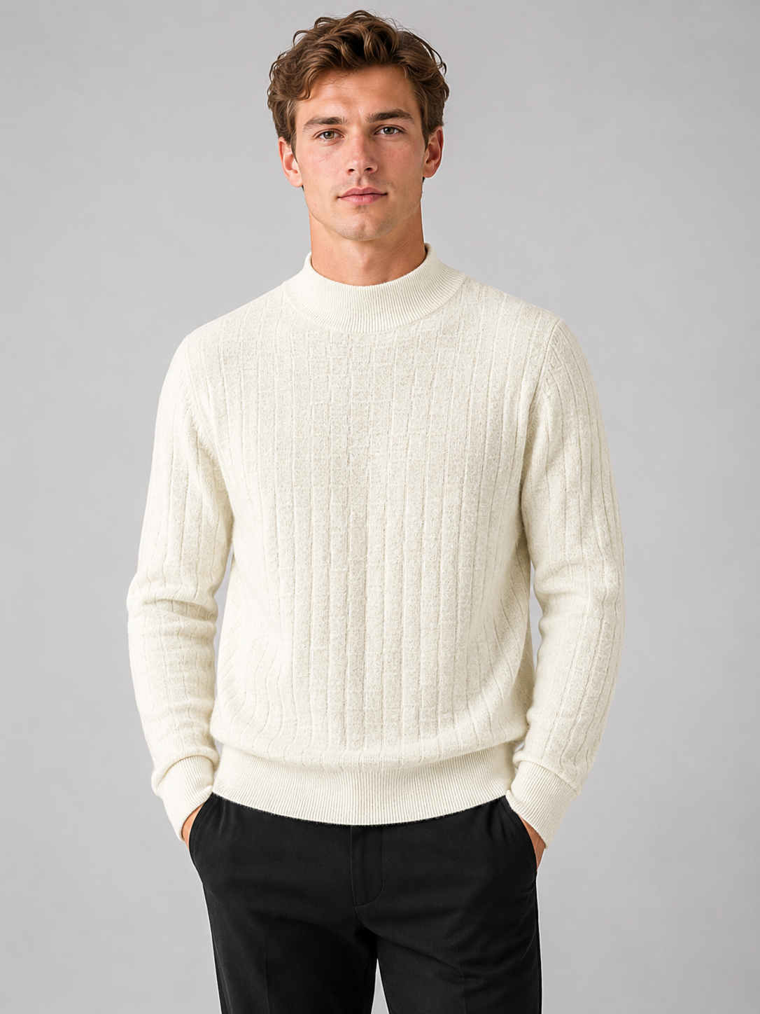Tekstureret Striktrøje til Mænd med Mock Neck