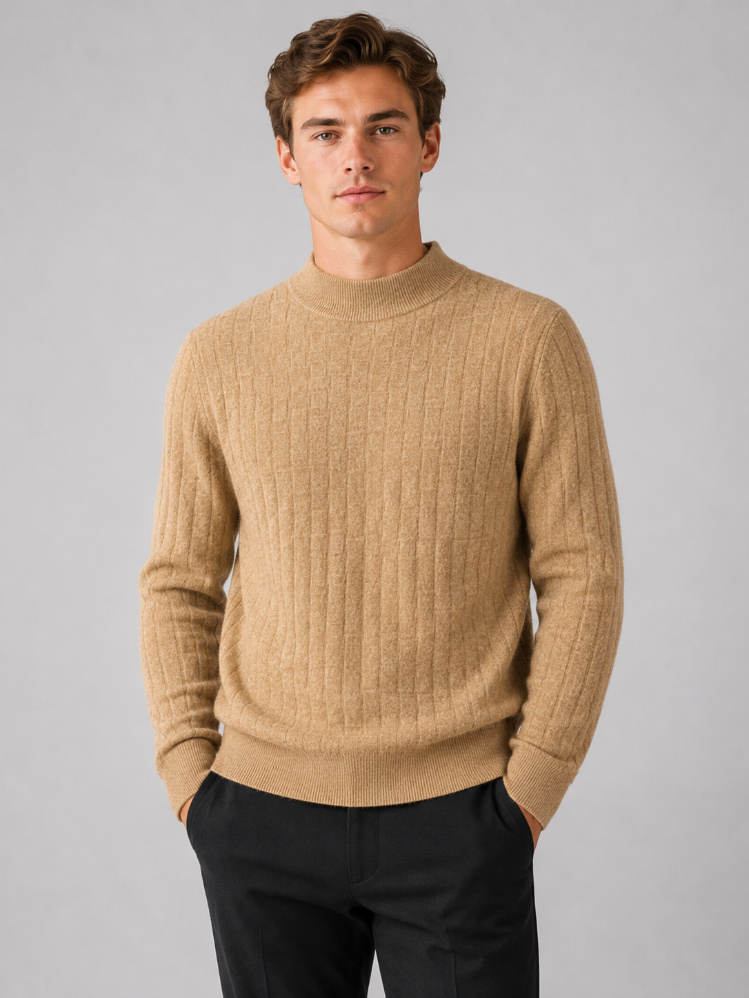 Tekstureret Striktrøje til Mænd med Mock Neck