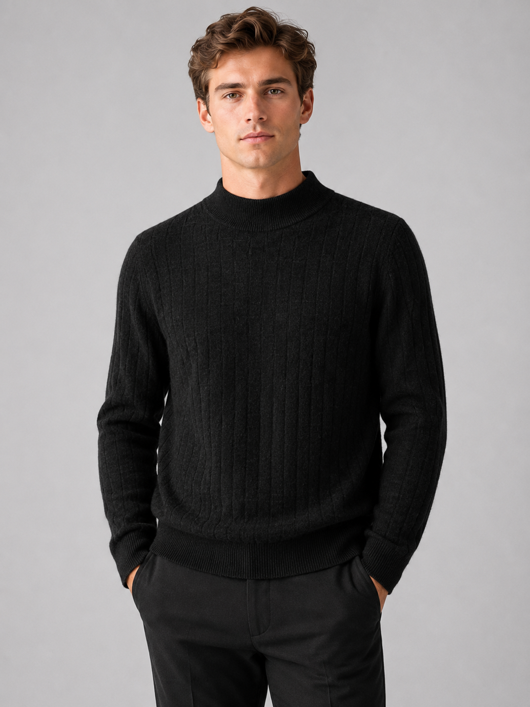 Tekstureret Striktrøje til Mænd med Mock Neck