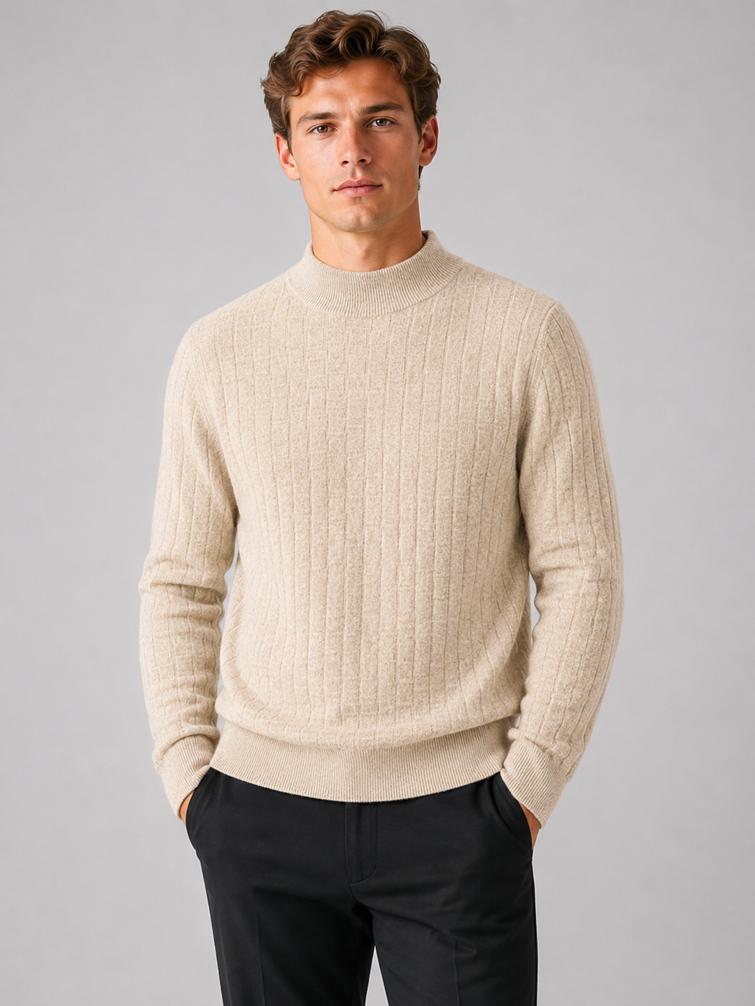 Tekstureret Striktrøje til Mænd med Mock Neck