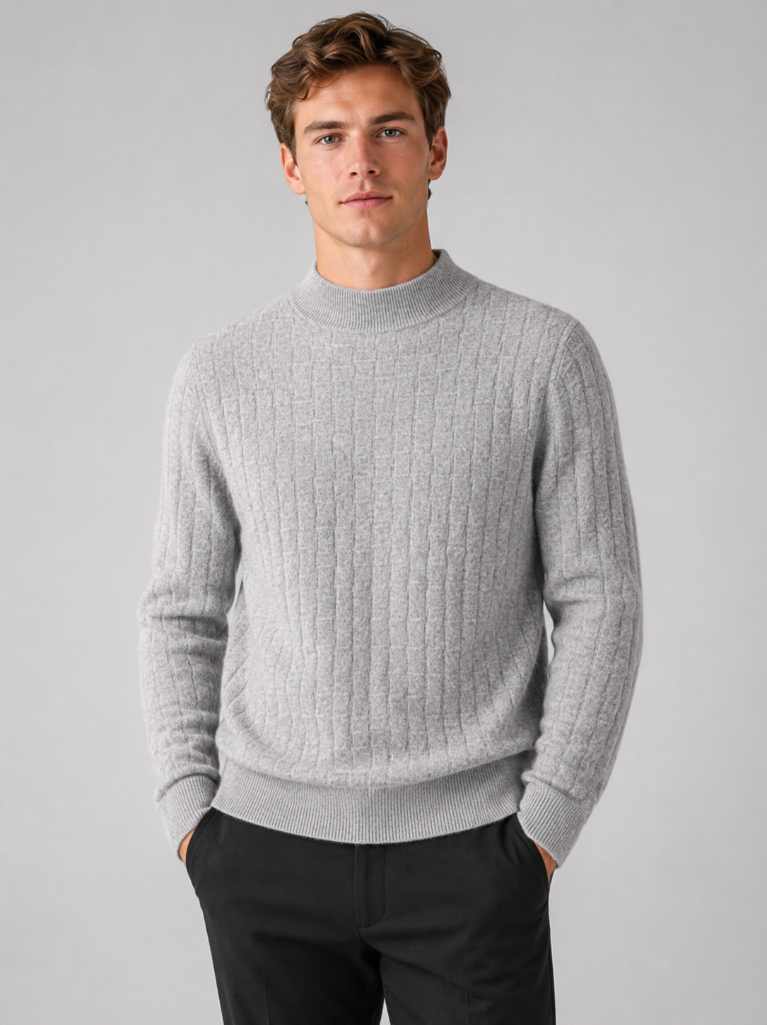 Tekstureret Striktrøje til Mænd med Mock Neck