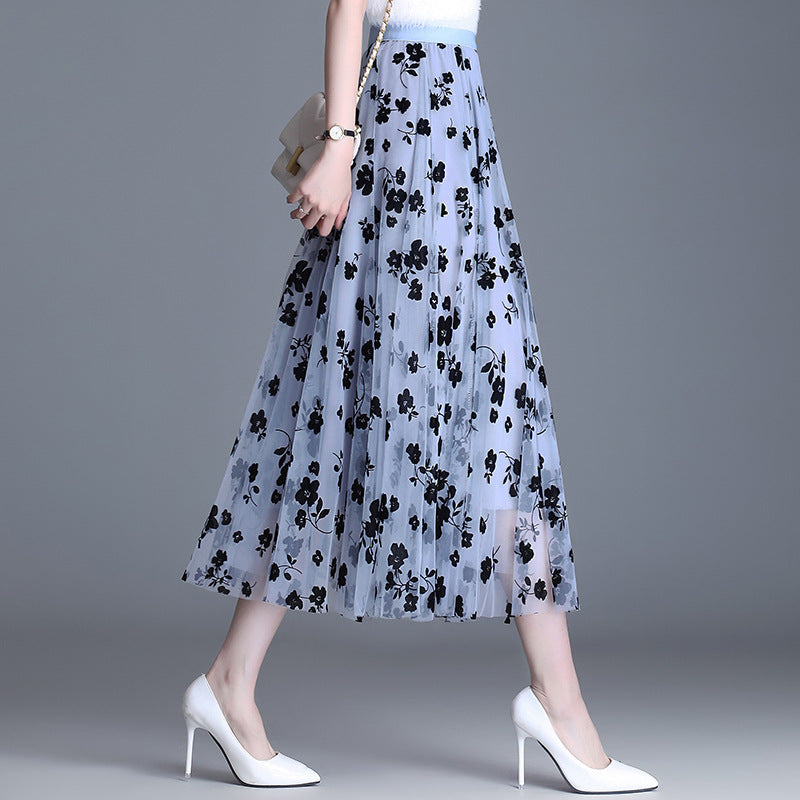 Blomstret Midi Nederdel i Mesh med Elastisk Talje