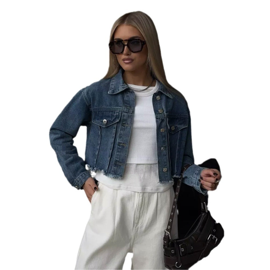 Cropped Denimjakke til Kvinder med Frynsedetaljer