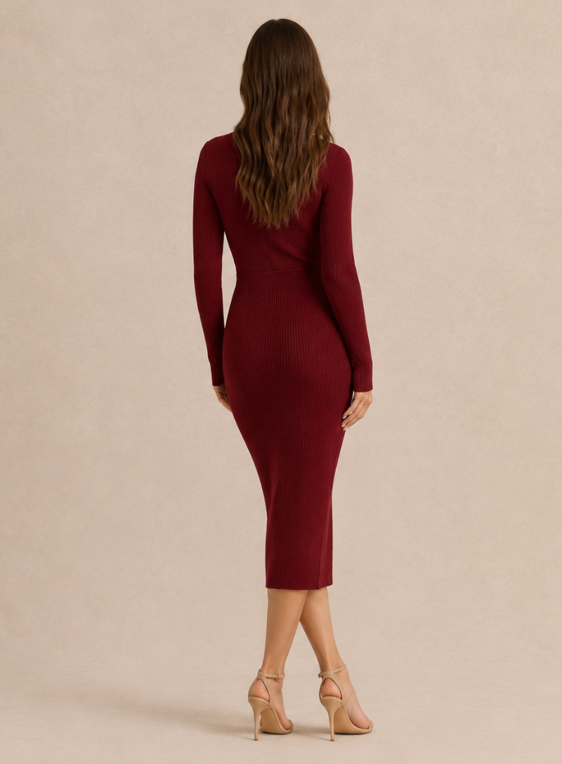 Ribstrikket Midi Bodycon-Kjole med Slå-Om V-Hals