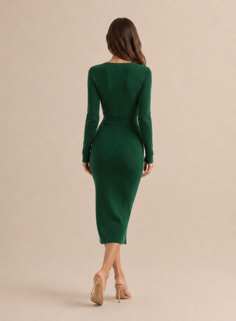 Ribstrikket Midi Bodycon-Kjole med Slå-Om V-Hals