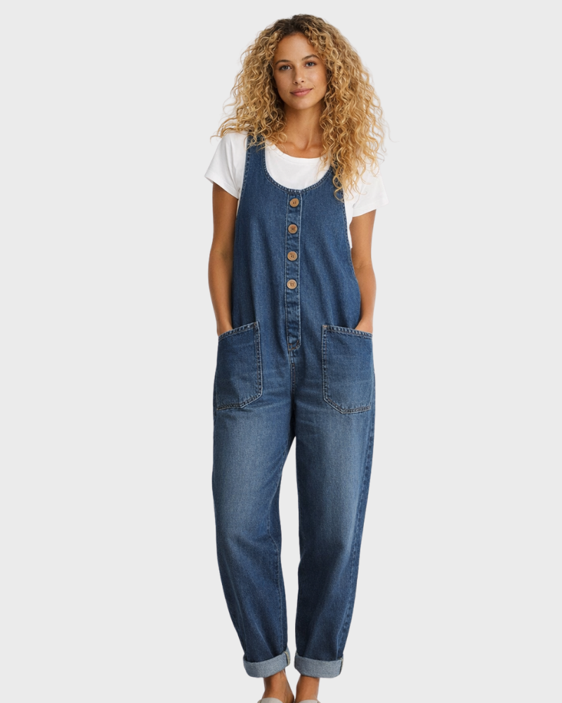 Dame Denim Overalls i Bomuld – Løs Pasform med Brede Ben