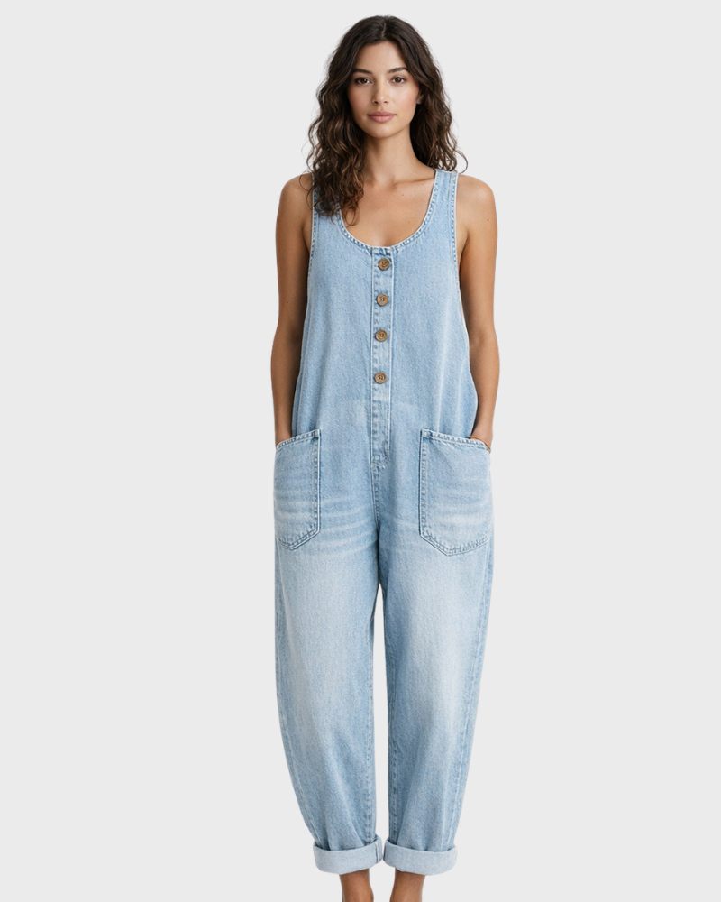 Dame Denim Overalls i Bomuld – Løs Pasform med Brede Ben