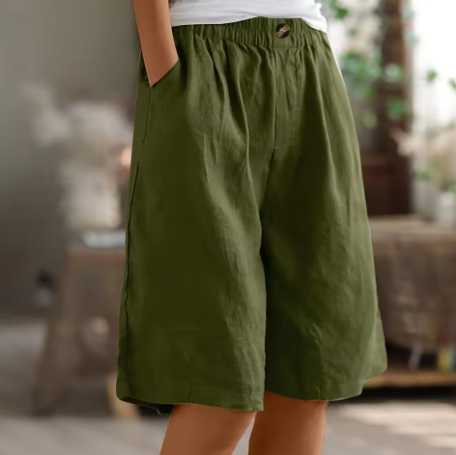 Afslappede Hørshorts til Dame med Elastisk Talje og Sidelommer