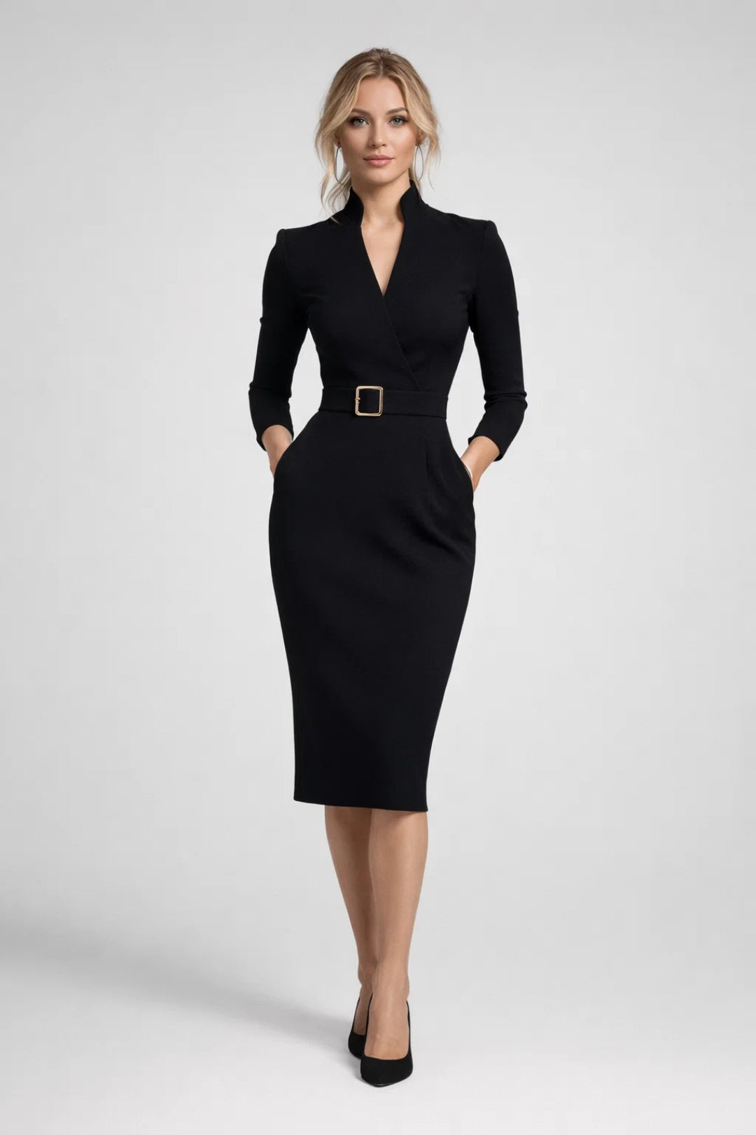 Dame Midi-kjole - V-hals Lange Ærmer Belæltet | Chic