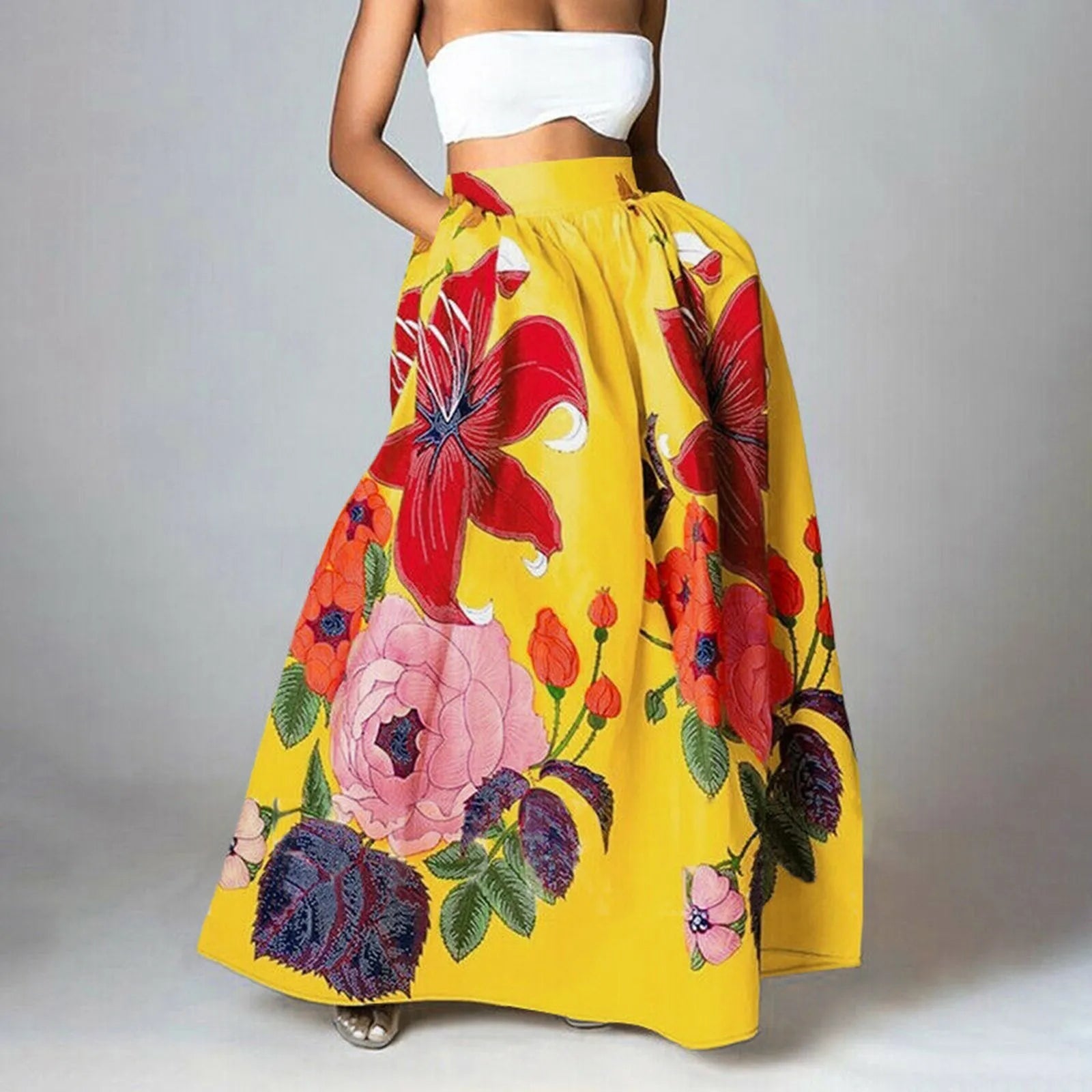 Saia maxi elegante de cintura alta com estampado floral para mulher