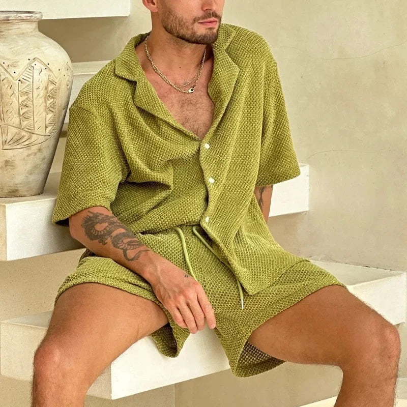 Bellivaro | Herre Sommer Strik Sæt i Åndbart Design – Kortærmet T-shirt og Matchende Shorts