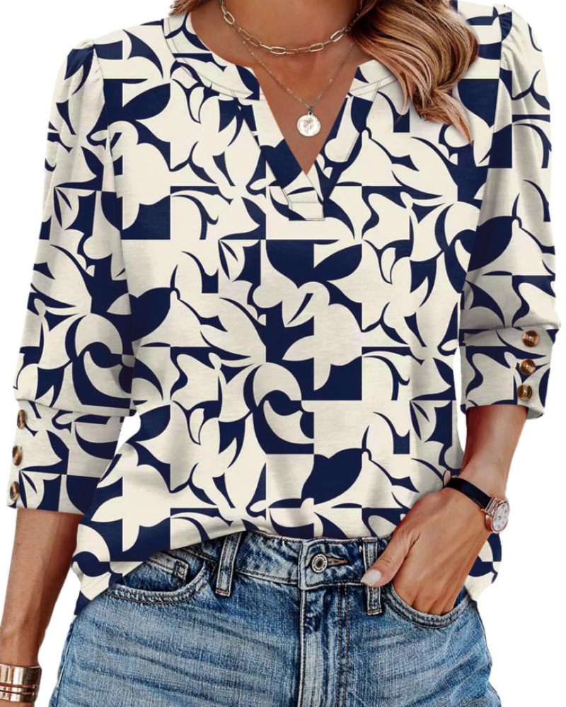 Zeline Damebluse med V-Hals – Blomstret Top med 3/4 Ærmer