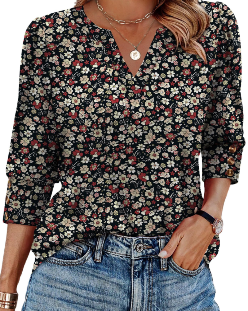 Zeline Damebluse med V-Hals – Blomstret Top med 3/4 Ærmer