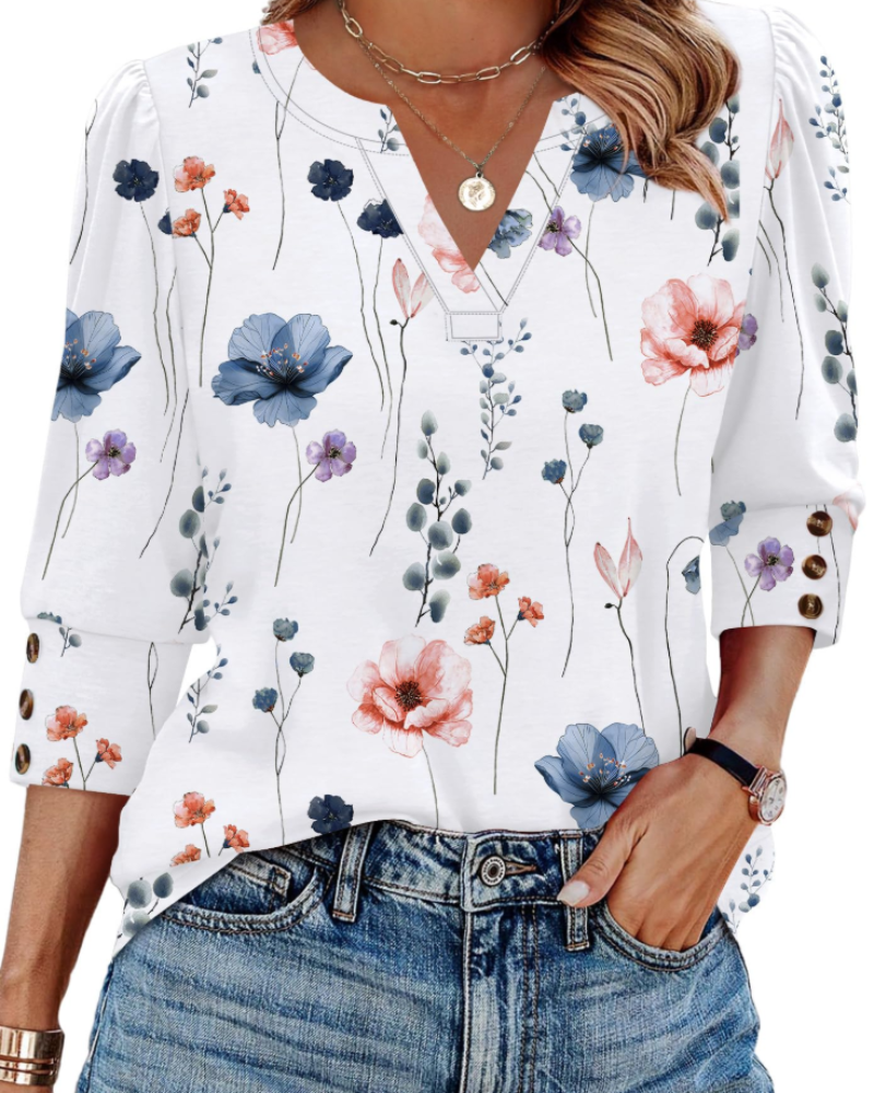 Zeline Damebluse med V-Hals – Blomstret Top med 3/4 Ærmer