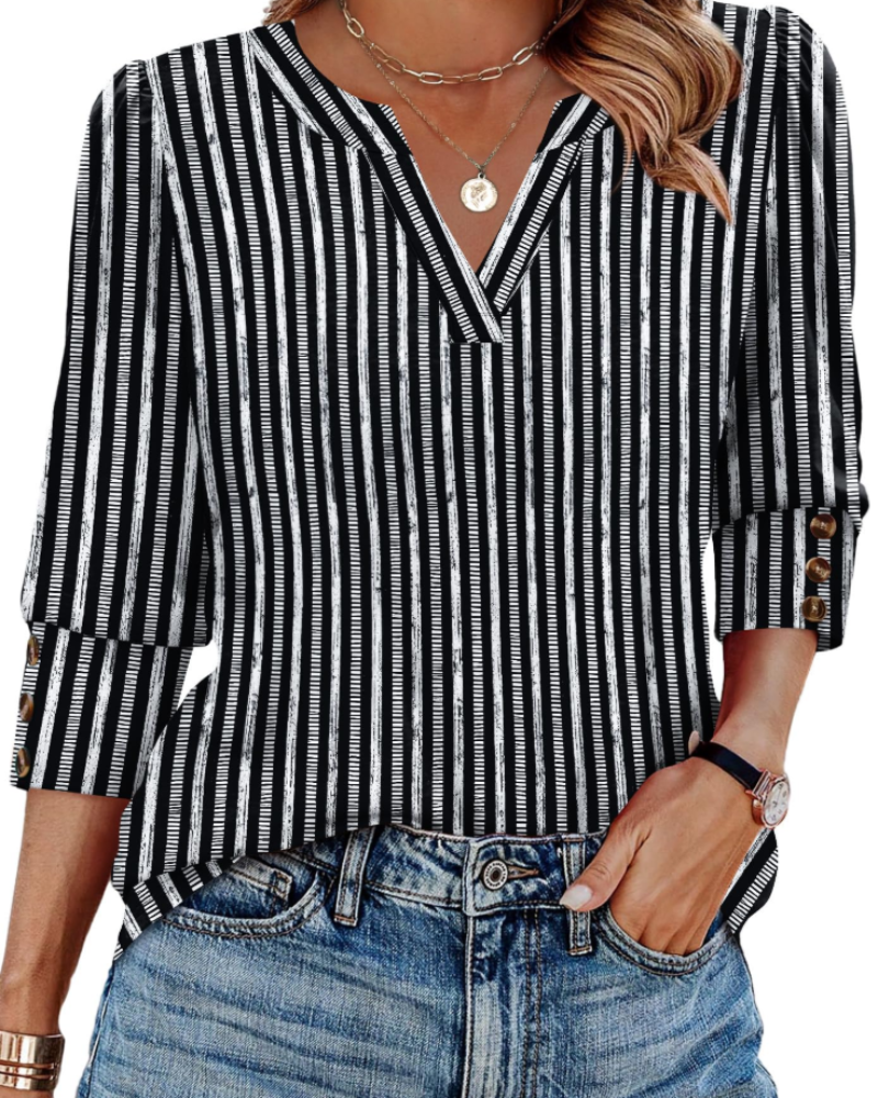 Zeline Damebluse med V-Hals – Blomstret Top med 3/4 Ærmer