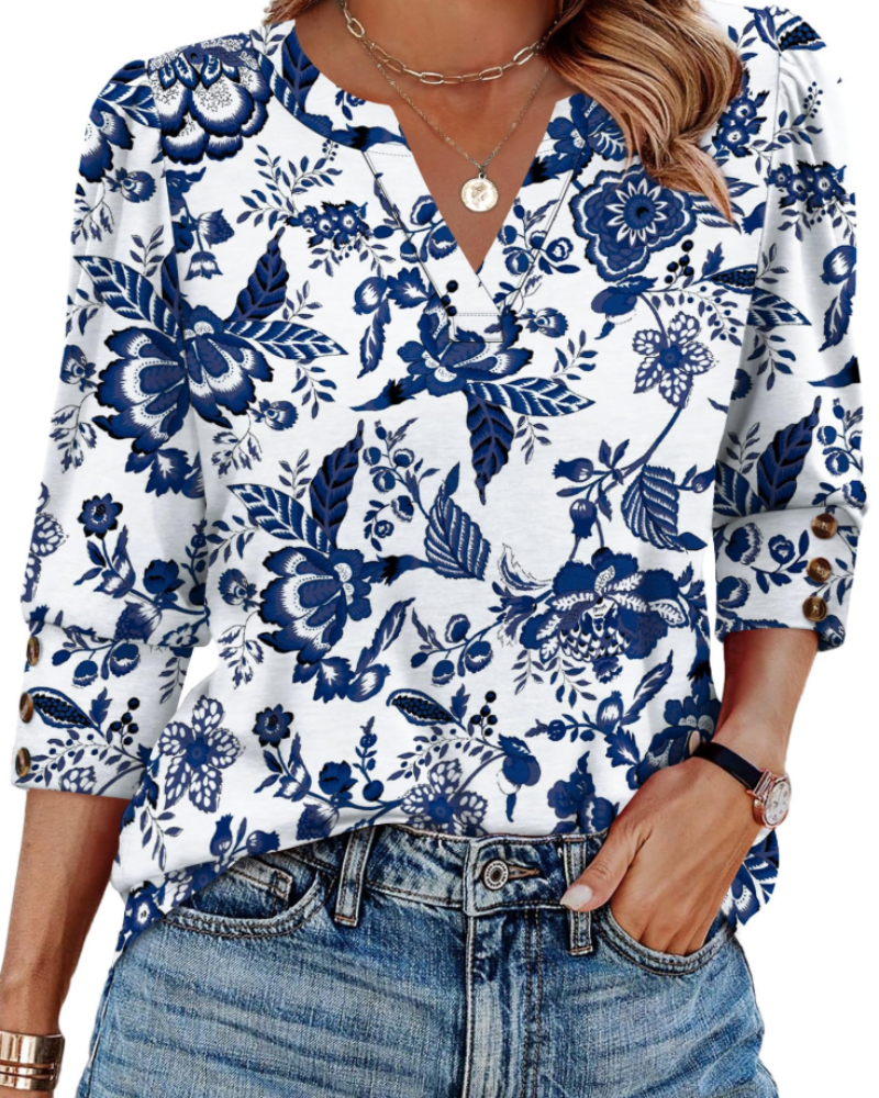 Zeline Damebluse med V-Hals – Blomstret Top med 3/4 Ærmer