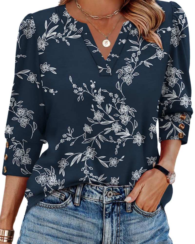 Zeline Damebluse med V-Hals – Blomstret Top med 3/4 Ærmer