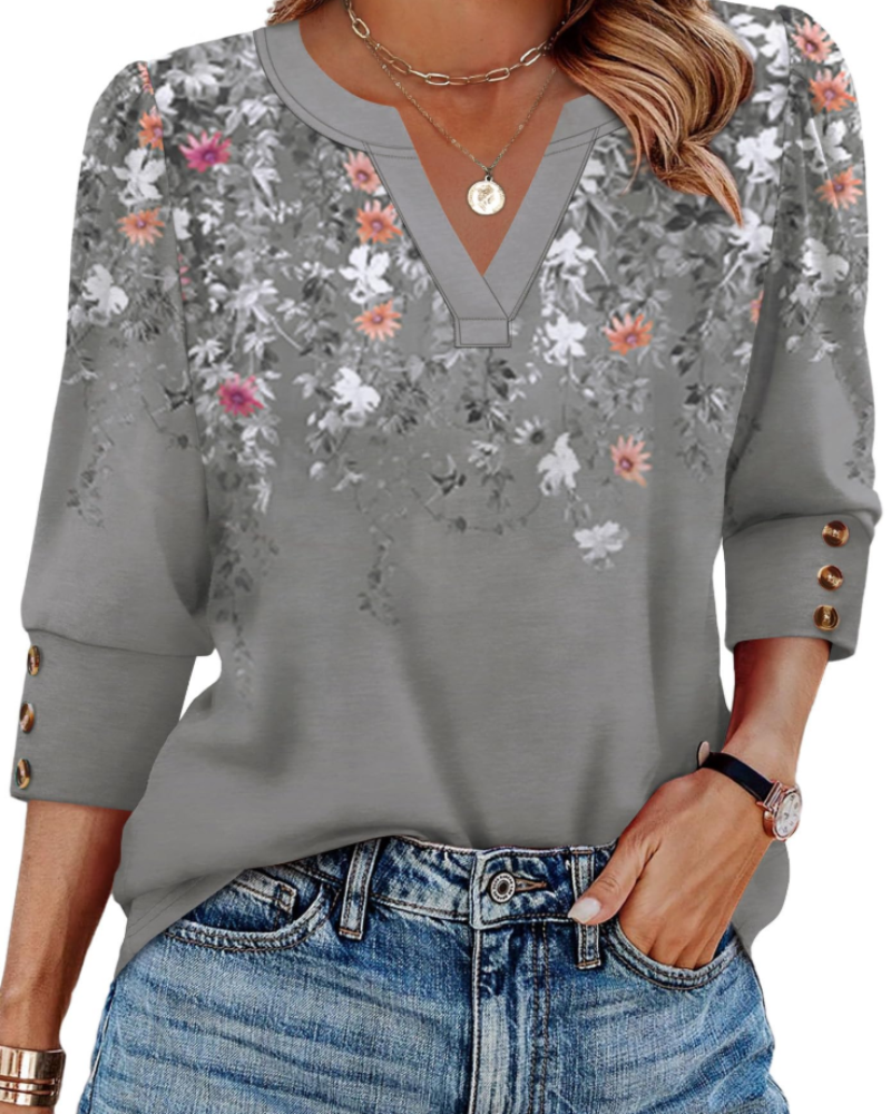 Zeline Damebluse med V-Hals – Blomstret Top med 3/4 Ærmer