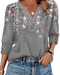 Zeline Damebluse med V-Hals – Blomstret Top med 3/4 Ærmer